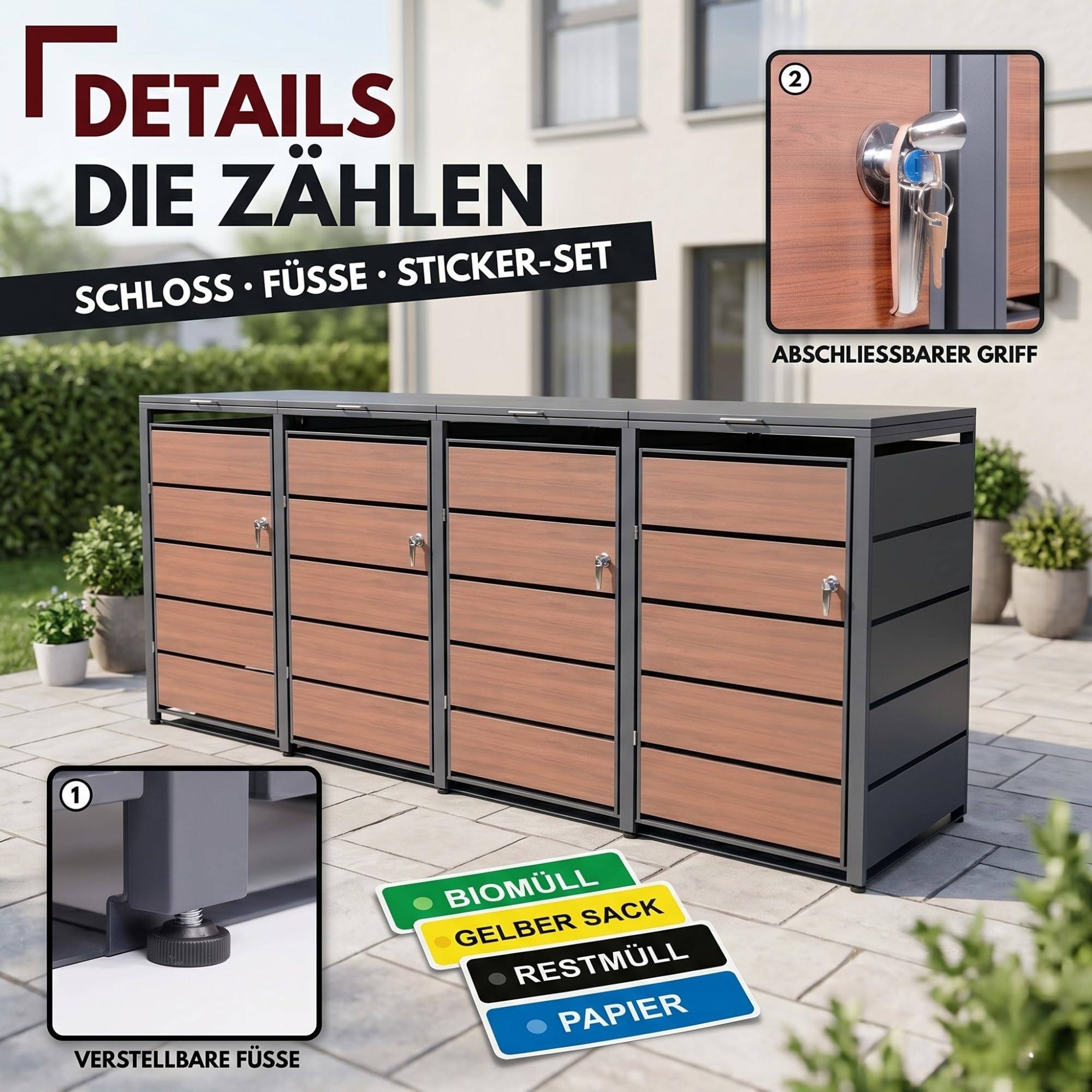 ALBATROS Mülltonnenbox 4er Holzdekor, 120L bis 240L, für Vier Tonnen, Mülltonnenverkleidung aus verzinktem Metall mit Holzoptik, abschließbar, wetterfest, geprüft nach ISO9227, mit Aufkleber Set