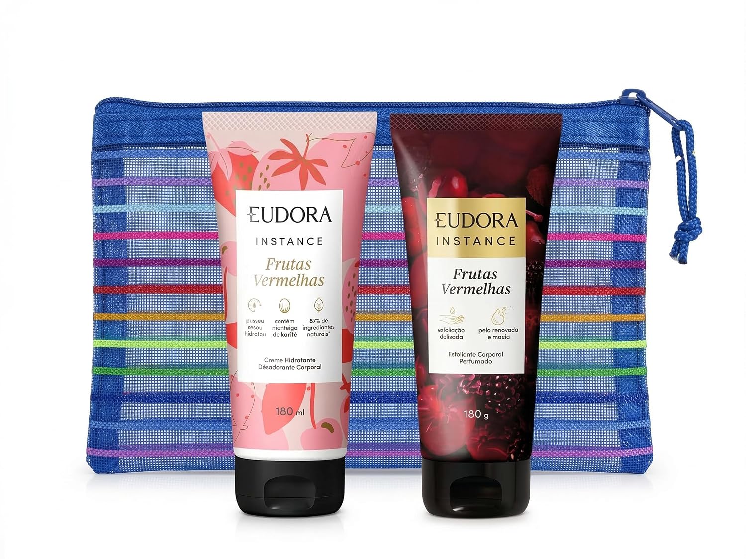 Instance Kit Presente Frutas Vermelhas: Creme Hidratante Corporal 180ml + Sabonete Líquido Íntimo 180ml + Nécessaire Listrada em Nylon Mesh para Cuidados Pessoais e Viagem