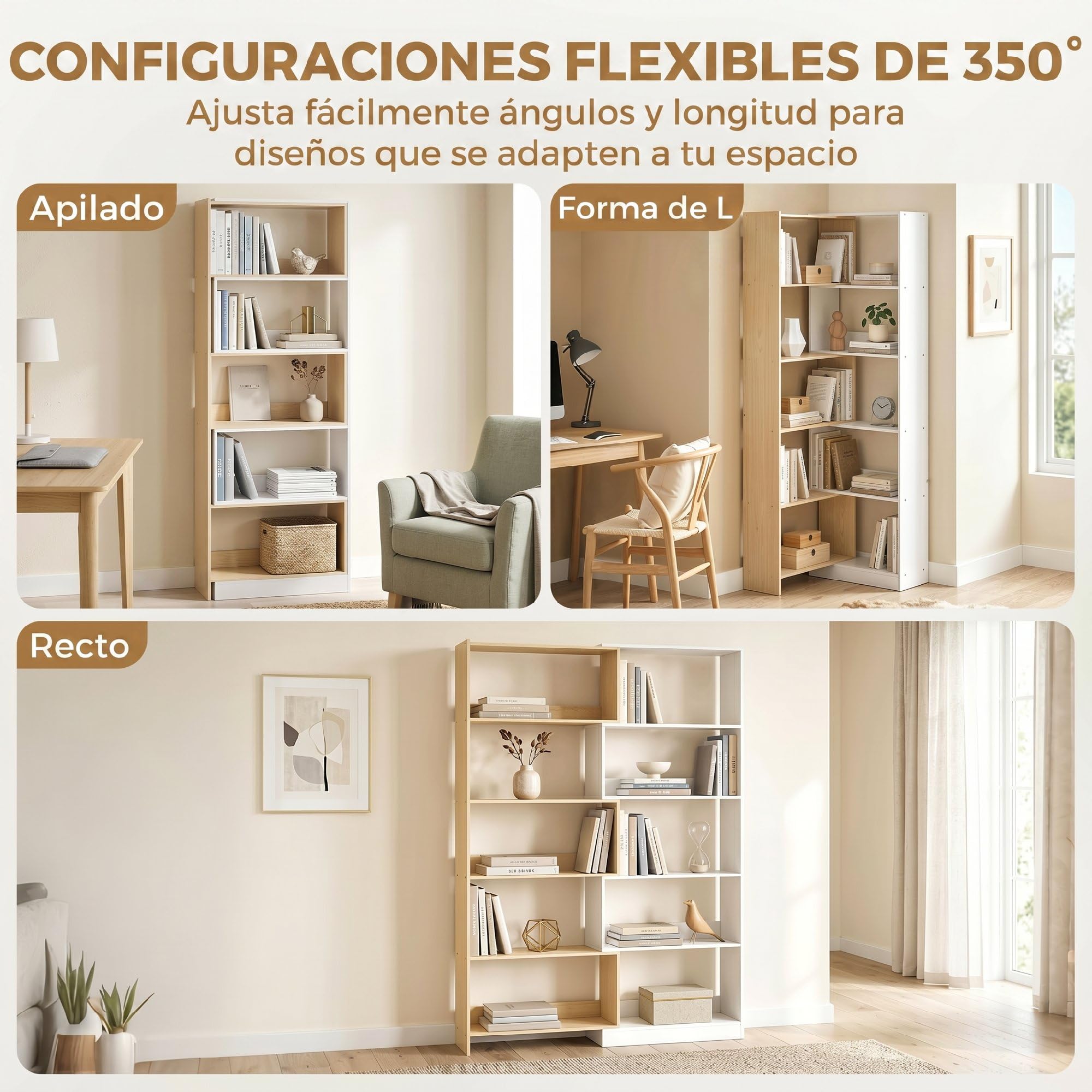 HOMCOM Estantería Expandible 5 Niveles 111,5x23,8x163,7cm Natural Blanco | Librería para Libros Giratoria 350°, Ancho Ajustable, Convertible en L Recta o Compacta, para Salón Dormitorio Estudio