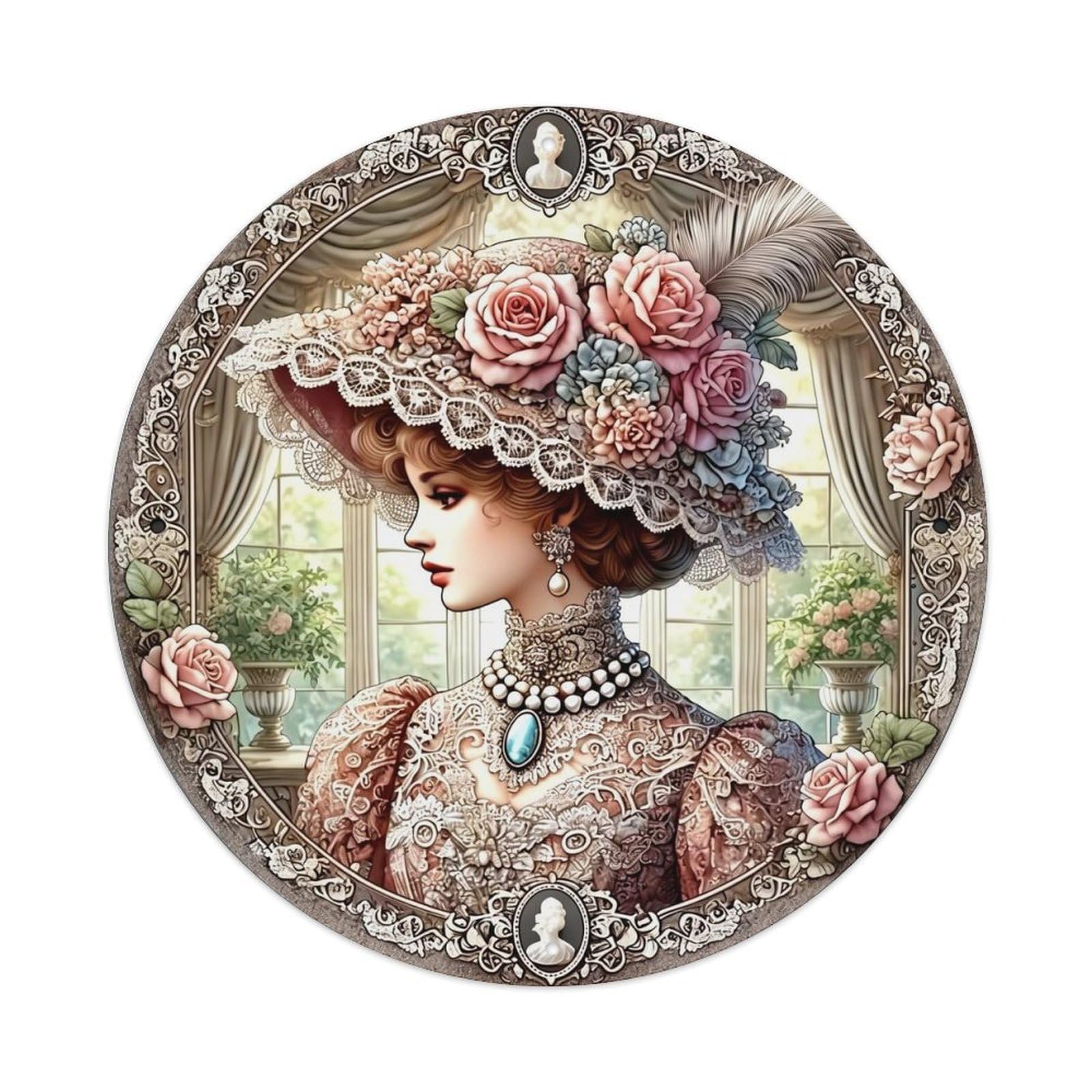 Elegant Victorian Lady Portrait Round Metal Tin Sign Vintage Wall Decor, Bar Garage Cafe Kitchen Home Wall Art Poster 8x8inches
