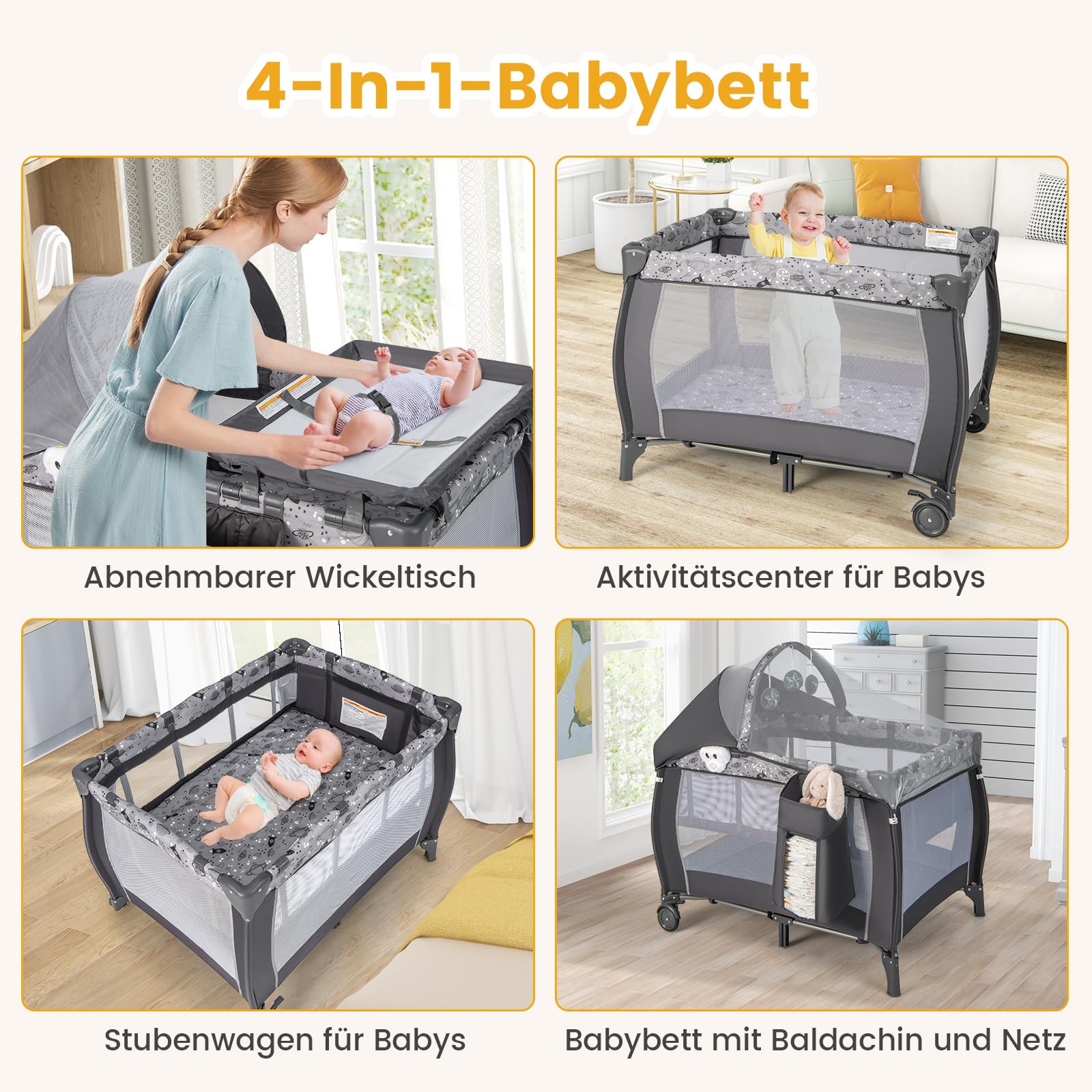 COSTWAY 4 in 1 Beistellbett, tragbares Reisebett mit faltbaren Matratze, Babybett mit Wickeltisch, Baldachin, Spielbogen & Spieluhr, Stubenwagen mit Rollen, Tragetasche für Baby bis 36 Monaten (Grau)