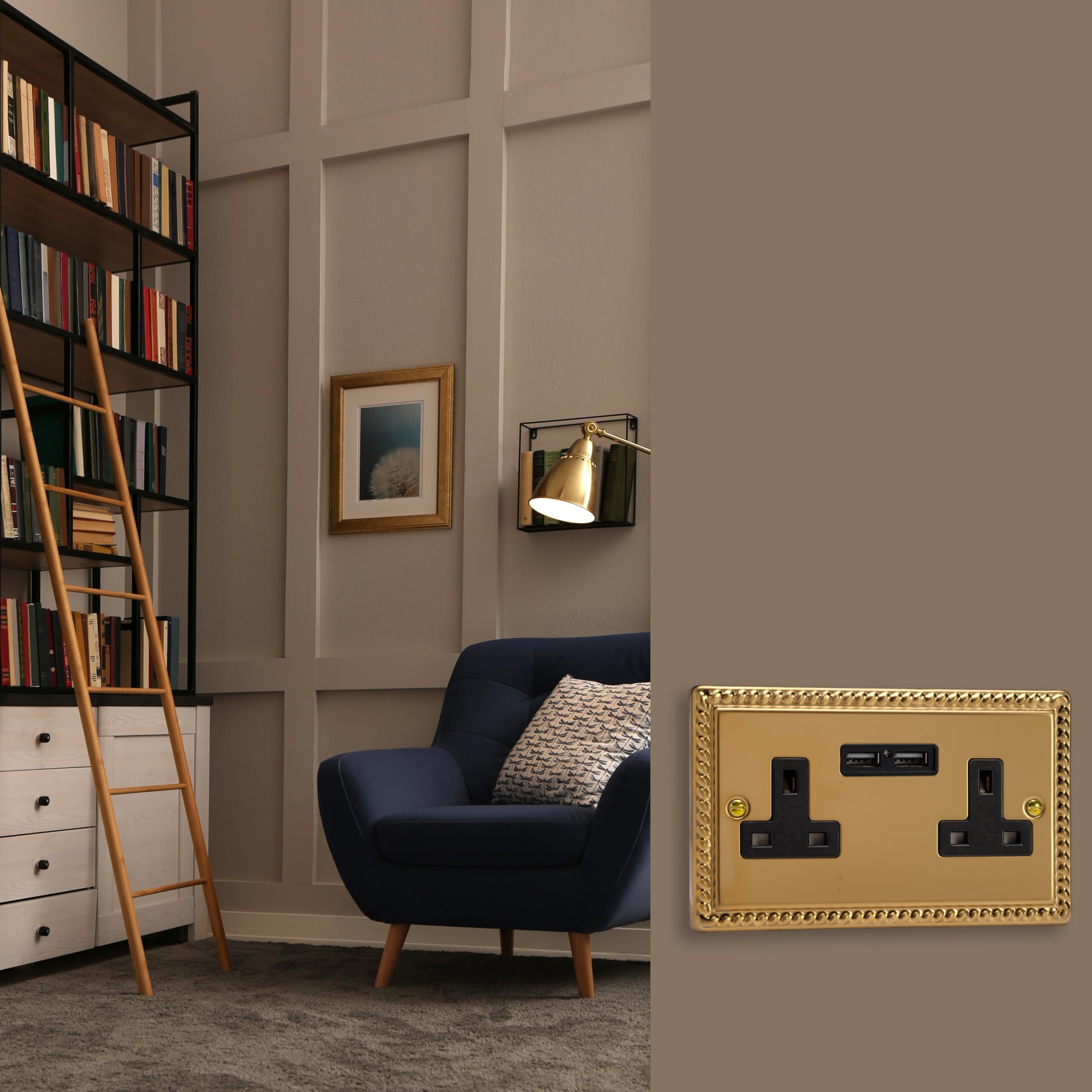 Varilight 2 Gang, 13 Amp Unswitched Socket with 2 Optimised USB Charging Ports, Black Insert. Classic Georgian Polished Brass Effect - Image 2