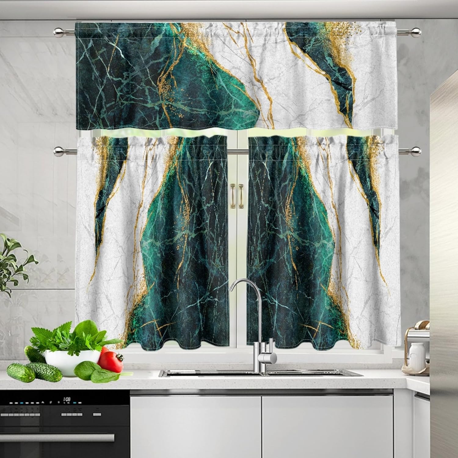 Green Marble Valance Curtains for Living Room Decor, Luxurious Abstract Gold Crystal Crack Art Design Print Window Treatments, Rod Pocket Drapes for Kitchen Bathroom Bedroom, 54x18in 1P+27x36in 2P