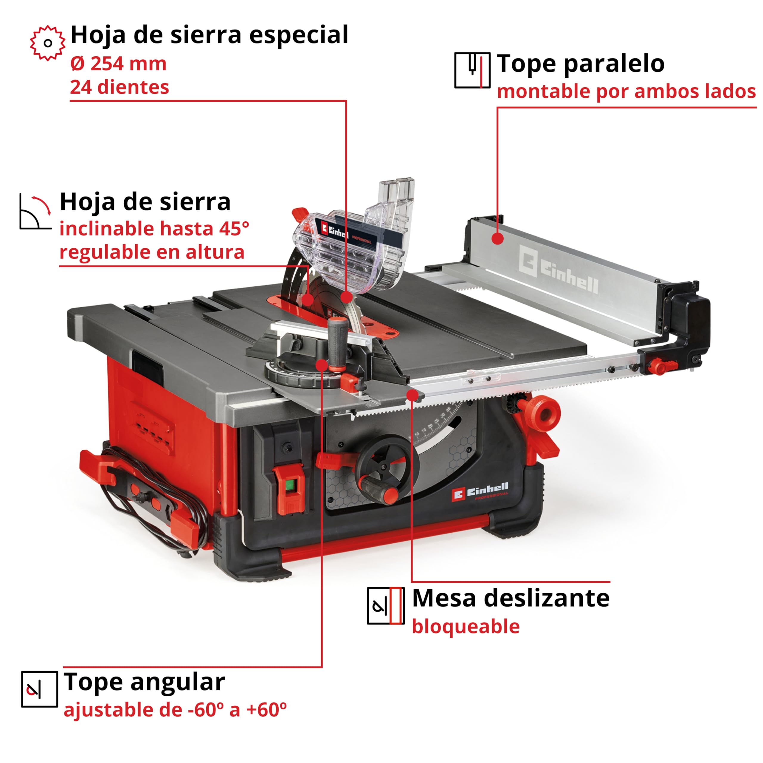 Einhell Professional Sierra circular de mesa con mesa deslizante TP-CC 10 T (2000 W, 85 mm de altura de corte, hoja de sierra Ø 254 mm, tope paralelo de montaje flexible, tope angular)