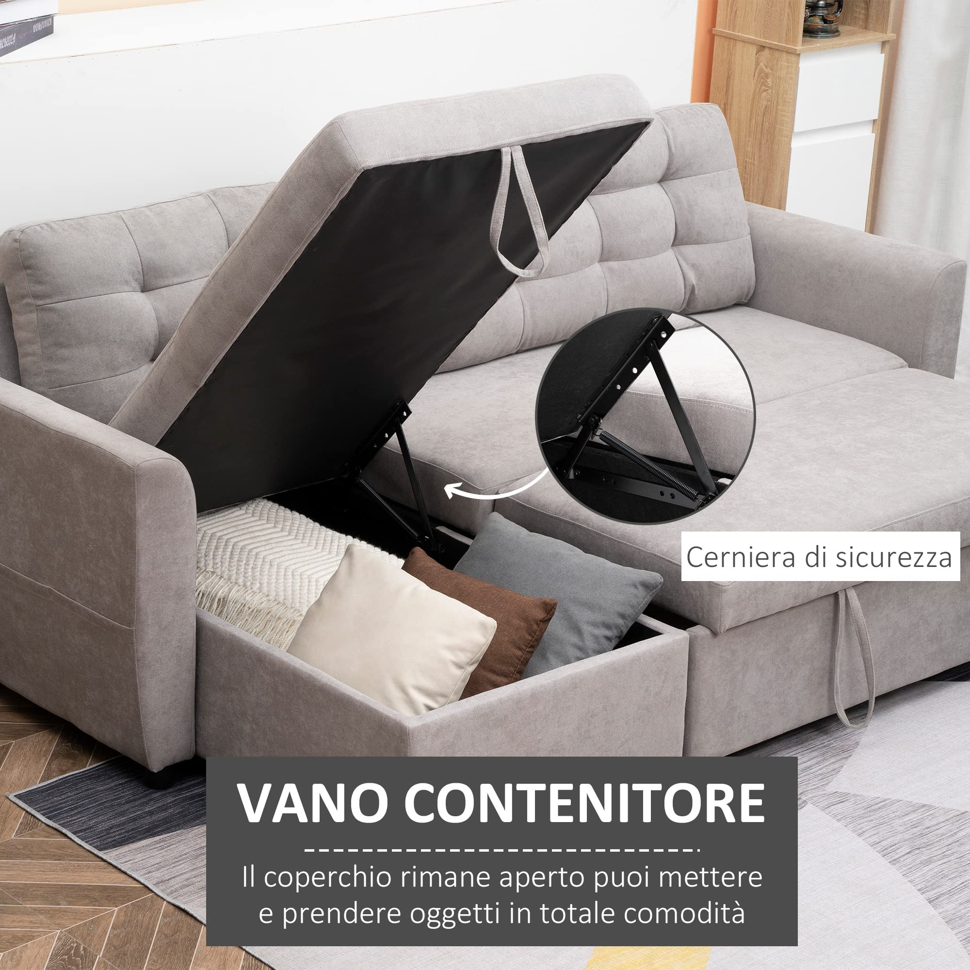 HOMCOM Divano Letto Angolare 3 Posti con Chaise Longue 217x134x85cm Grigio | Contenitore, Rivestimento Effetto Lino