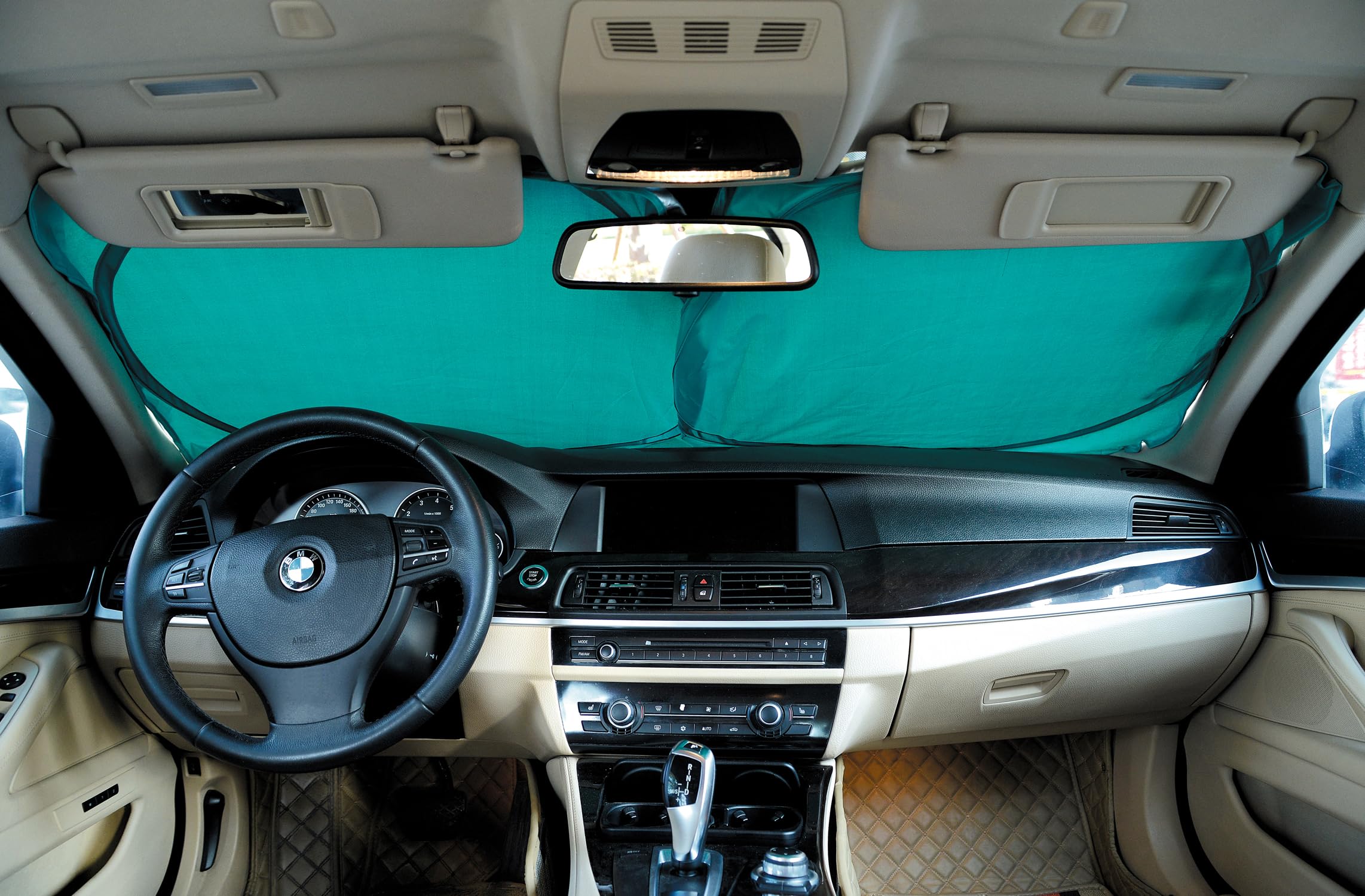 Car Windshield Sun Shade Foldable Dual-Loop Sunshade Blocks UV Rays Keeps Your Vehicle Cool Size: 59 inch L x 31 Inch W. Fabric Pouch Included (Lake Blue)