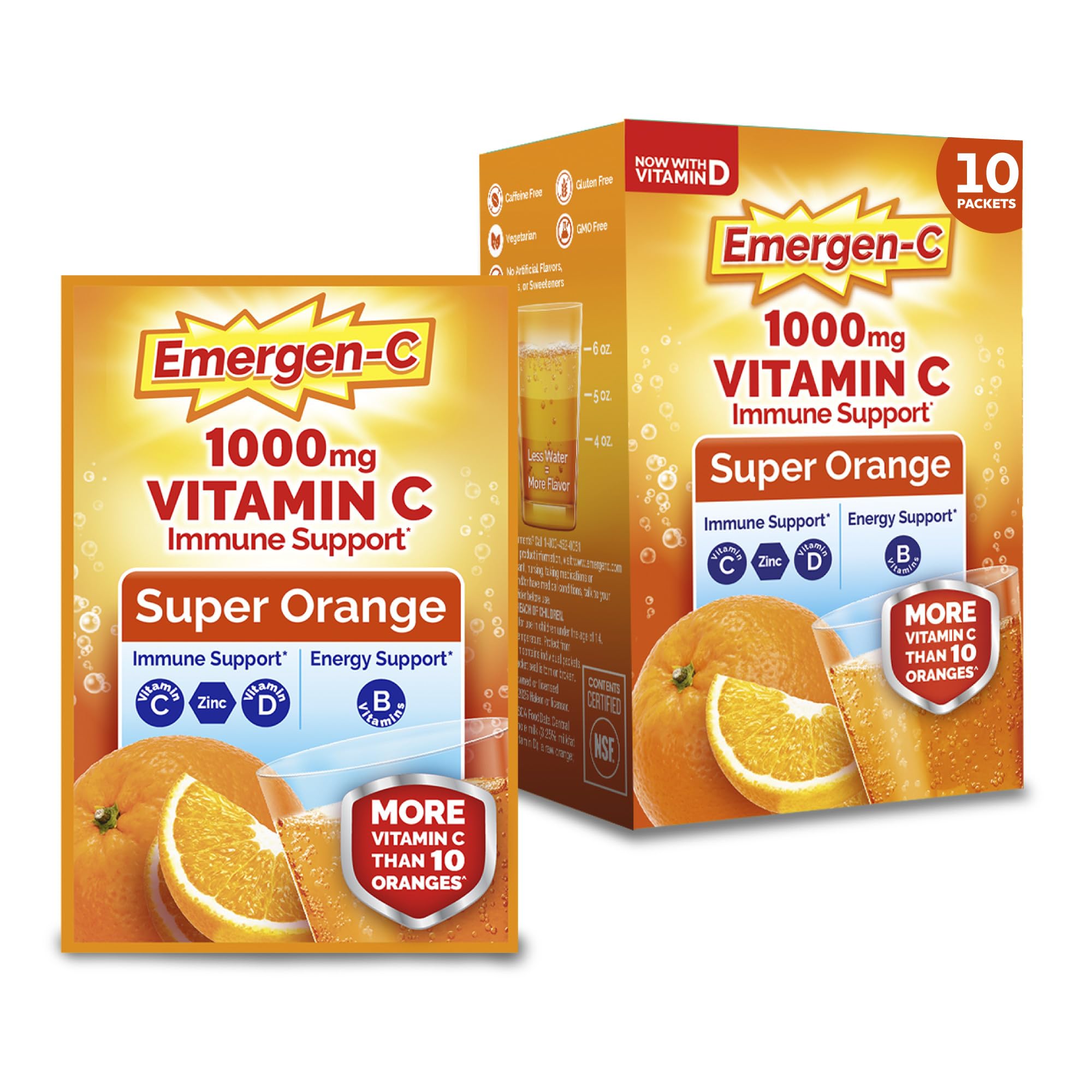 Emergen-C Vitamin C 1000mg Immune Support Powder, Orange, 10 Packets