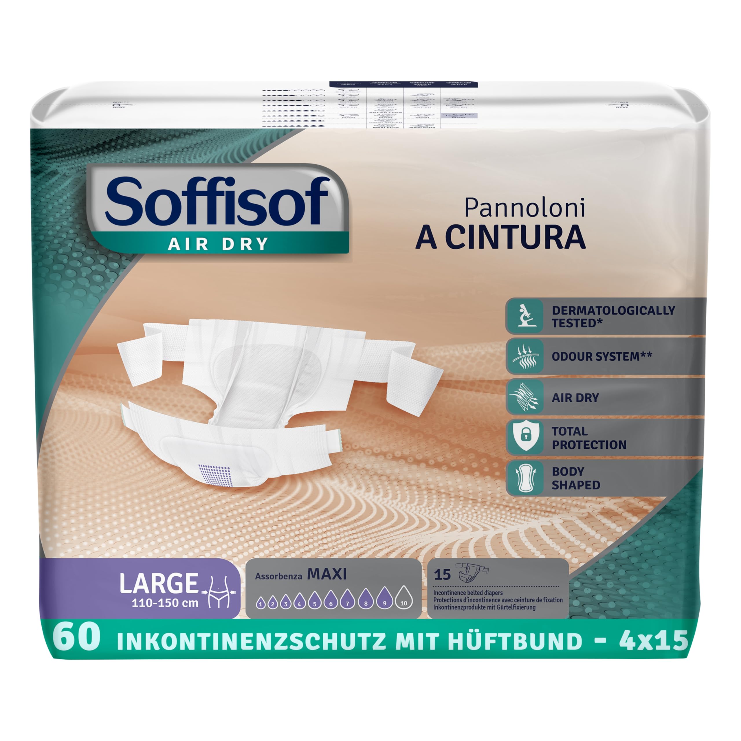 Soffisof Air Dry Gürtelwindeln für Erwachsene Maxi L - 60x Inkontinenz Schutzhosen - 4 Packungen mit 15 Windeln, 9 Tropfen - Erwachsenen Windeln