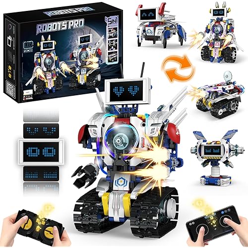 5 in 1 STEM Robot Building Kit, APP & Remote Control Screen Building Toys, Eye Coding Robots Rechargeable, 620Pcs DIY Super Warriors for Kids Learning, Boys Girls Birthday Gifts