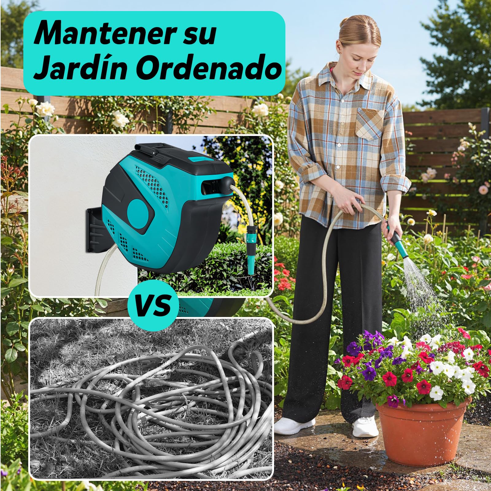 COSTWAY Enrollador Manguera Jardin 20m, Bloqueo Conector de 2m, Carrete Manguera Retráctil, Montaje en Pared, Carrete Manguera Automático, Giratorio de 180°, Jardin Garaje (20m)