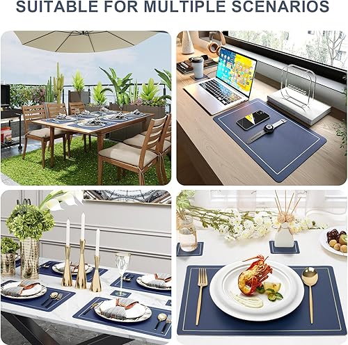 Miniatura 6 de Juego de 6 manteles individuales de cuero de doble cara, lavables, resistentes al calor, con posavasos, impermeables, a prueba de aceite, lavables,