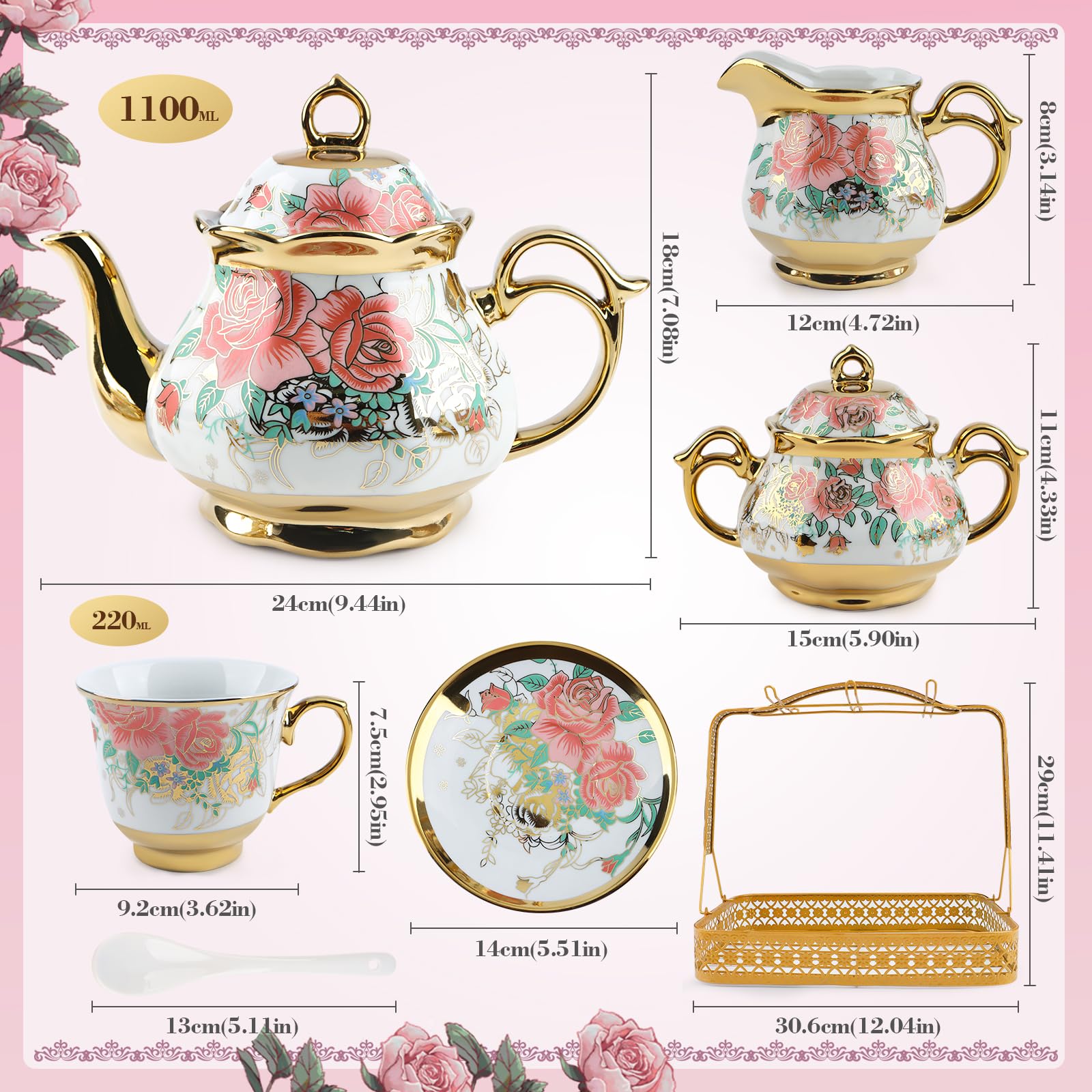 22-częściowy porcelanowy zestaw do herbaty z metalowym uchwytem, europejski ceramiczny zestaw do herbaty dla dorosłych 6, piękne zestawy filiżanek do herbaty do domu i na imprezę