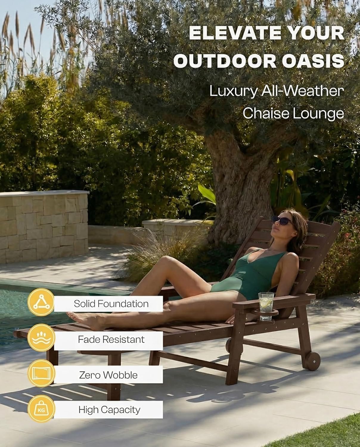 Lounge Chair Outdoor Set of 2, All-Weather HDPE Outdoor Chaise Lounge with Umbrella, 5-Position Adjustable Pool Lounge Chairs with Rolling Wheels & Cup Holder for Poolside Deck, Beach, Brown