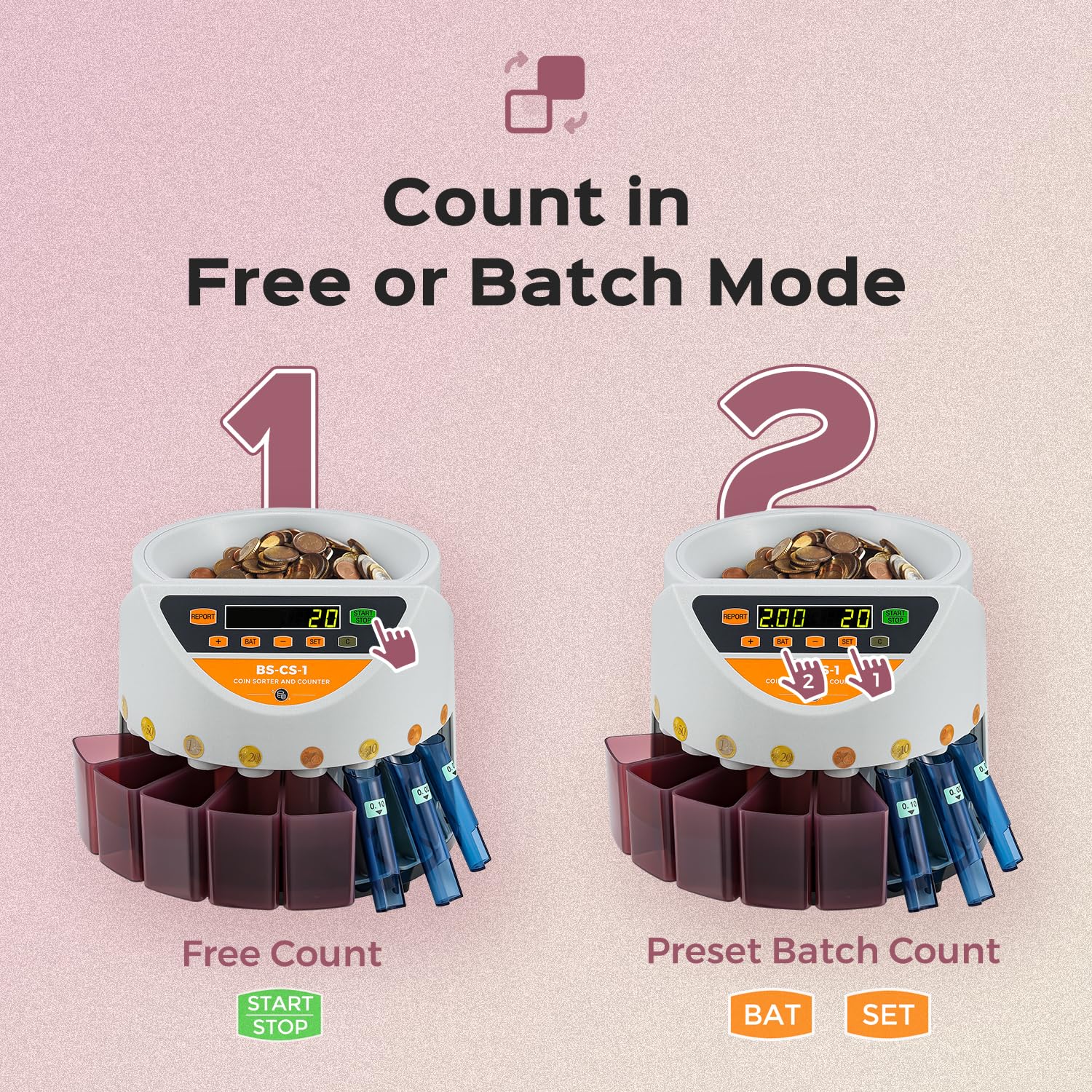 Bonvoisin Contamonete e Sorter - 270 monete/min Velocità di conteggio, con cassetti e tubi per monete - Numero di lotti preimpostato, funzione di report, capacità della tramoggia di 500 monete (EU)