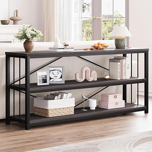 Miniatura 3 de LVB Mesa de consola industrial, mesa de sofá de metal y madera, mesa de entrada rústica con almacenamiento, estante moderno de 3 niveles, mesas