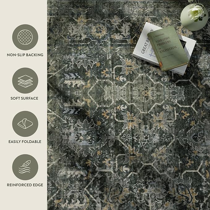 Alfombra Boho Verde 8x10 Lavable Antideslizante Sala Estar miniatura 2