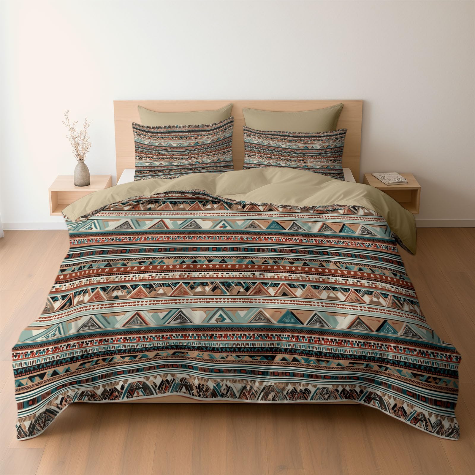 Earth Tone Tribal Pattern Printed Duvet Cover, Reversible Khaki Quilt Cover Bedding Single Bed Set, Cosy Soft Hypoallergenic Non-Iron Comforter Covers with Pillowcases
