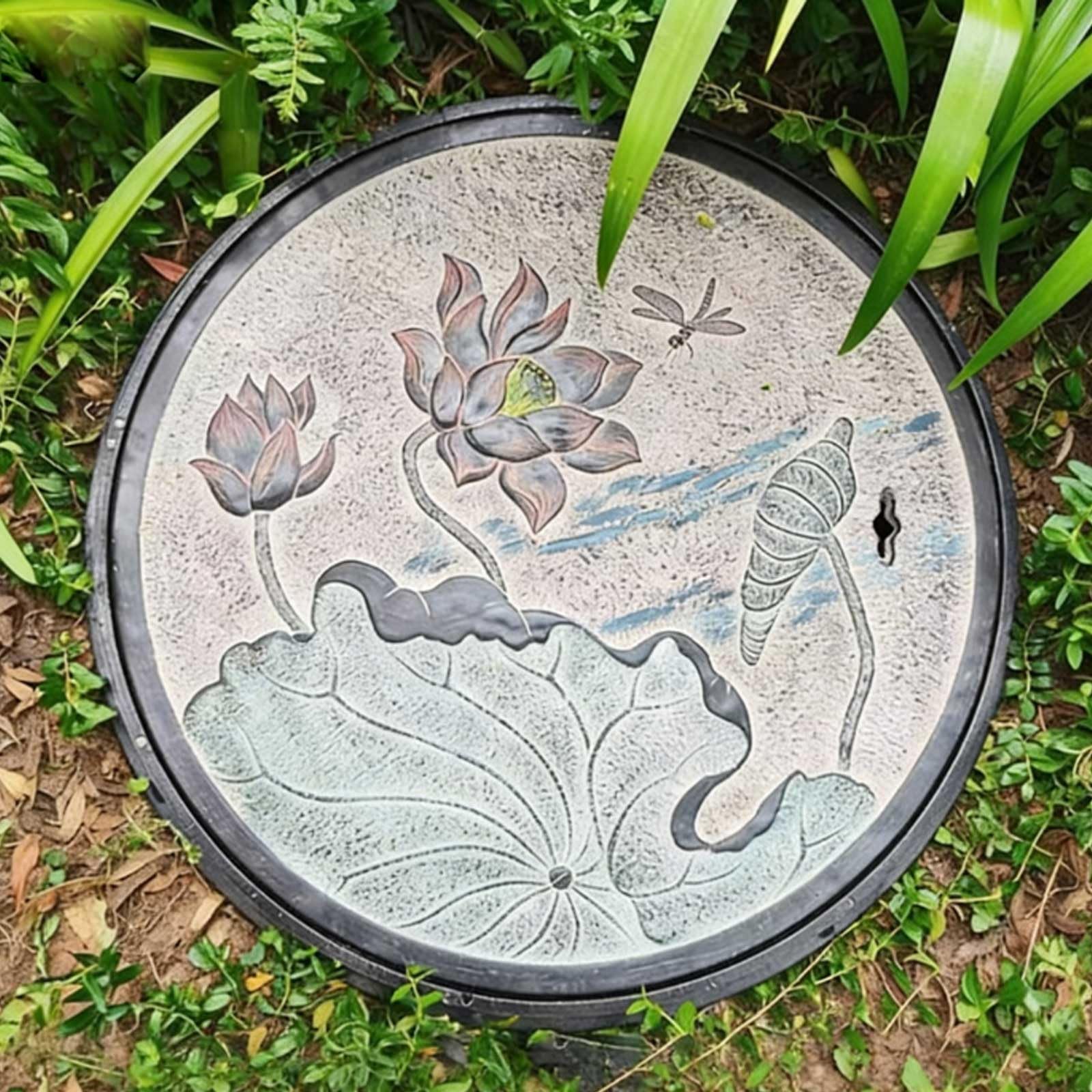 Coperchio del Tombino Decorative, Chiusino Pozzetto e Telaio Quadrati Rotondo con Foro di Sollevamento e Gancio, Fibra di Carbonio per Cortile, Giardino, Pavimentazione(60cm/24in)