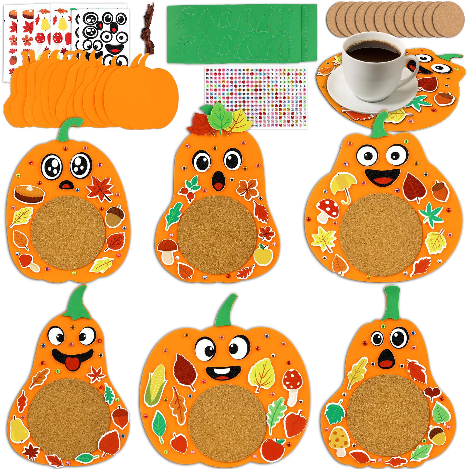 200pcs Thanksgiving Pumpkin Coaster Craft Kit 12 Set Fall Foam Craft Kit for Kids DIY Make you own Pumpkin Table Cup Mats Autumn Party Decor Supplies Favors for Gift Home Kitchen Dining Activities