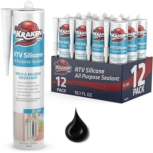 Kraken Bond Black Silicone Sealant Waterproof%100-10 fl oz Cartridge, RTV Silicone Caulk Bathroom and Kitchen, All Purpose, Window Caulking Sealant Outdoor, RV, Exterior Use Silicon - 12 Pack