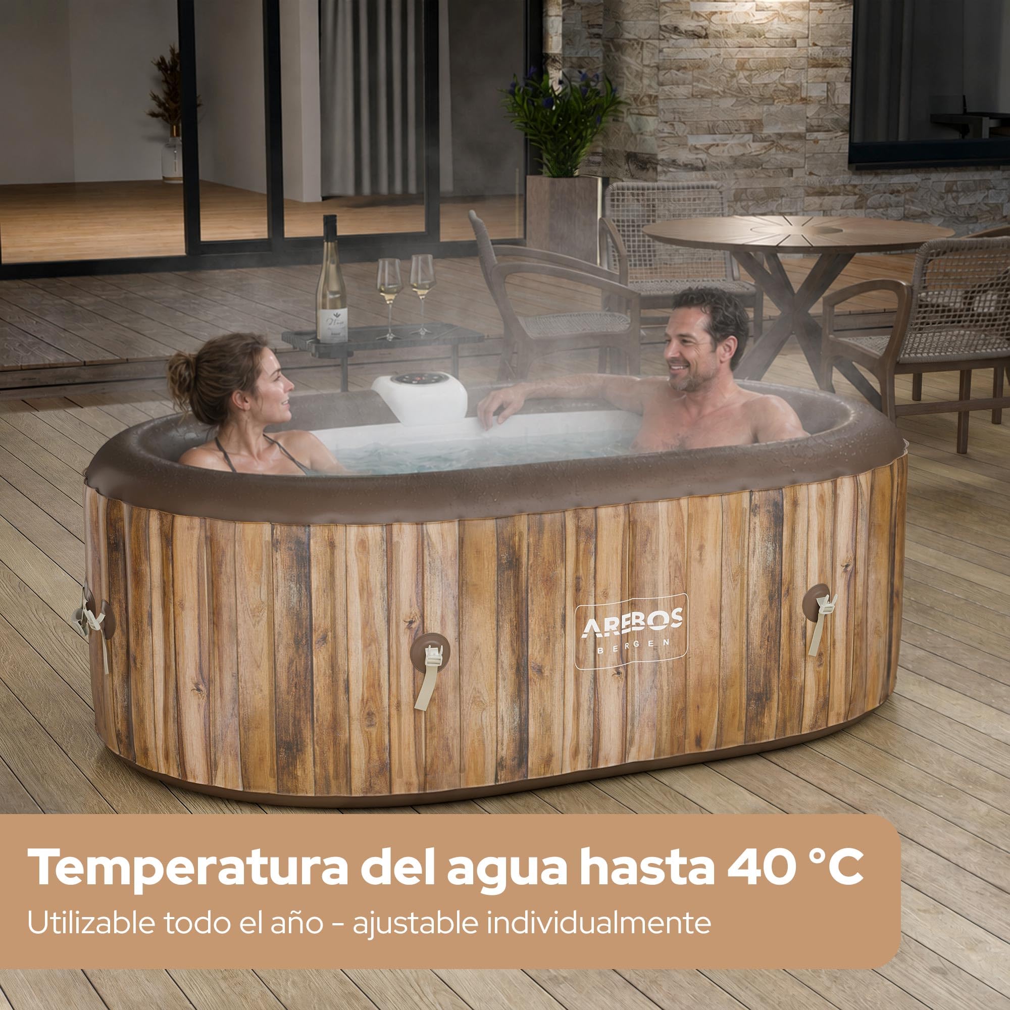 Arebos Whirlpool | SPA Hinchable | Interior y Exterior | 190x120 cm Ovalado | 2 Personas | 90 chorros de Masaje | con calefacción | 550 litros | Incl. Cubierta | Bubble SPA & Wellness Massage