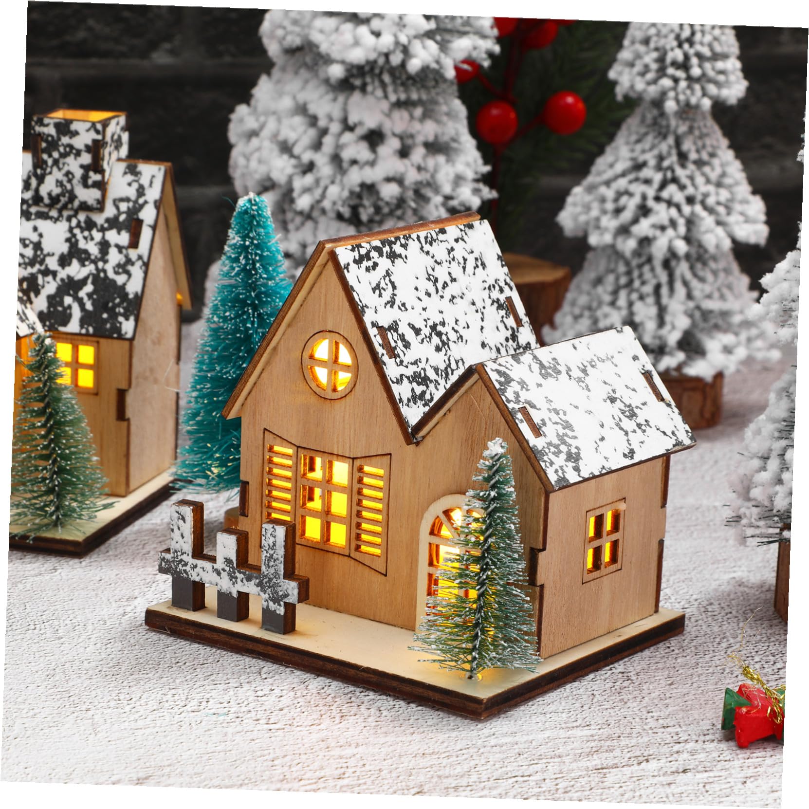 Levemolo 3pezzi Casetta Natalizia in Legno Luci LED Miniatura Casa di Legno Decorazioni Natalizie per Tavolo Centrotavola