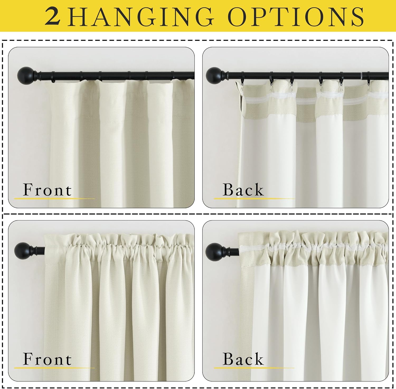 NICETOWN Room Darkening Bedroom Curtains 96 inches Long, Dual Rod Pockets & Hook Belt Light Blocking Noise Canceling Window Treatments for Living Room/Nursery, Natural, W52 x L96, 2 Panels