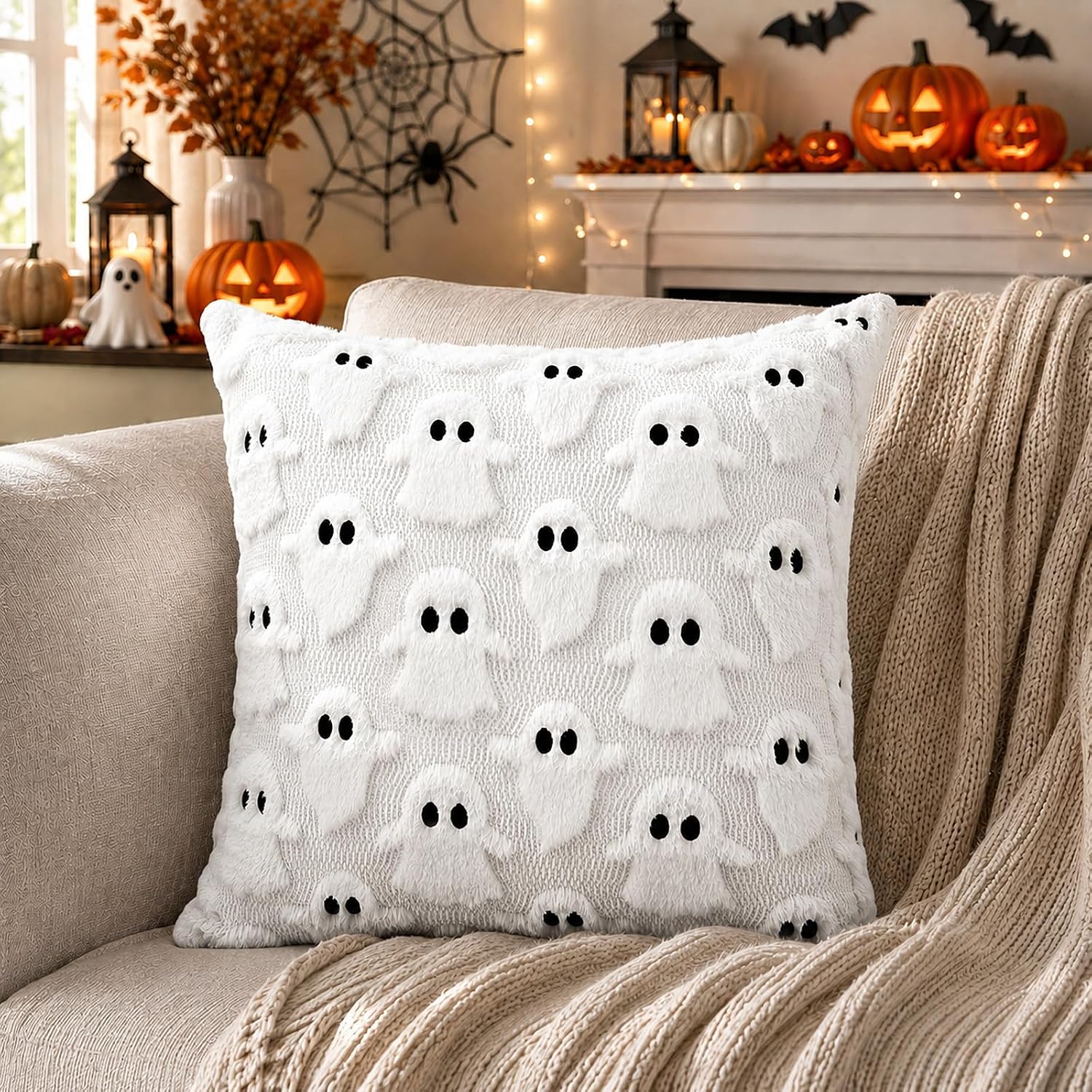 Halloween Decorations Outdoor Pillow Covers 20x20 inch Set of 2 White Ghost Throw Pillow Cases Soft Plush Faux Fur Wool Decorative Cushion Case for Sofa Couch Bed Chair Living Room Home Decor