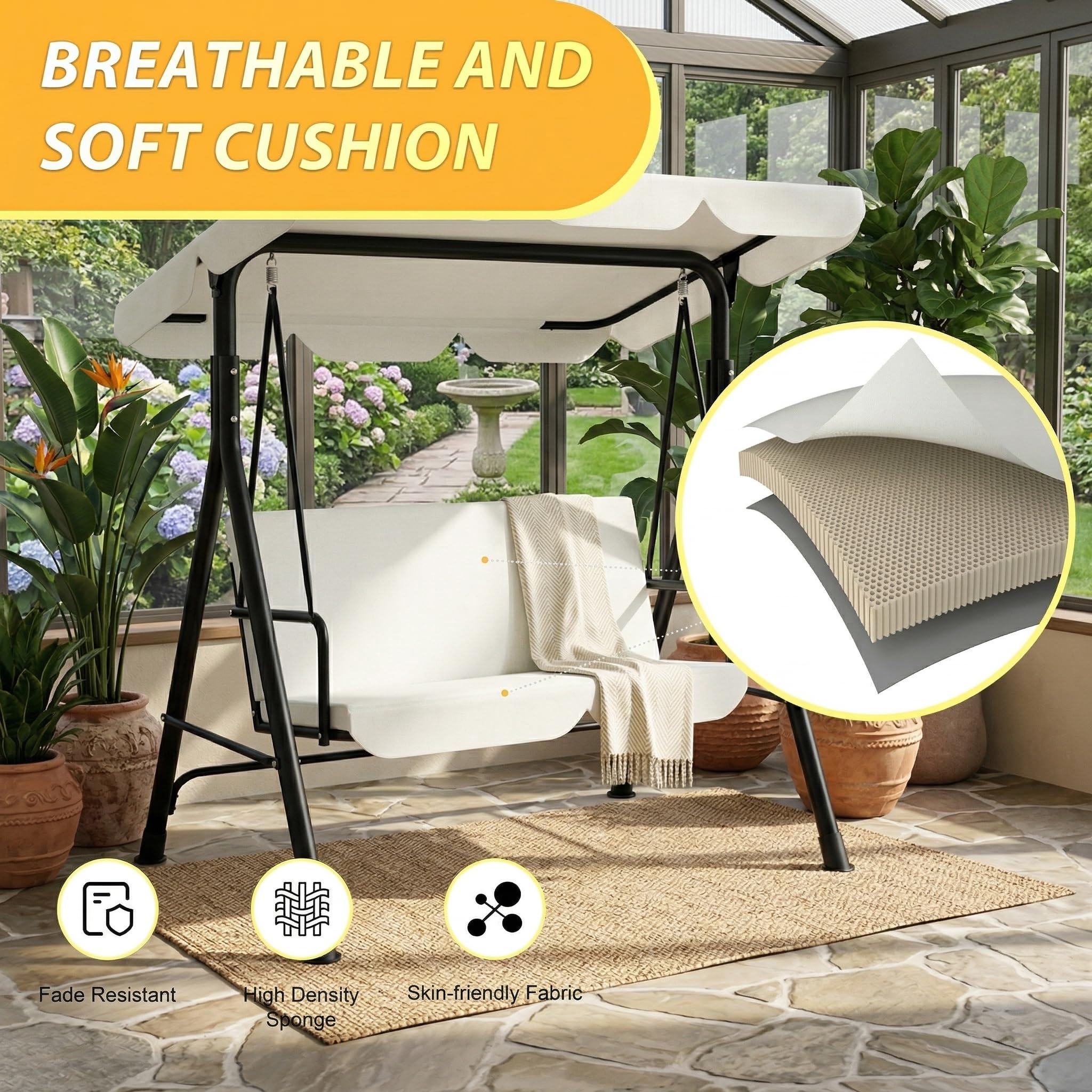 Balancelle 3 Places Beige Taille XXL 195 cm avec Toit réglable, Structure Acier 200 kg, Coussins Confortables 6 cm, Anti-UV et Anti-Pluie pour l'extérieur