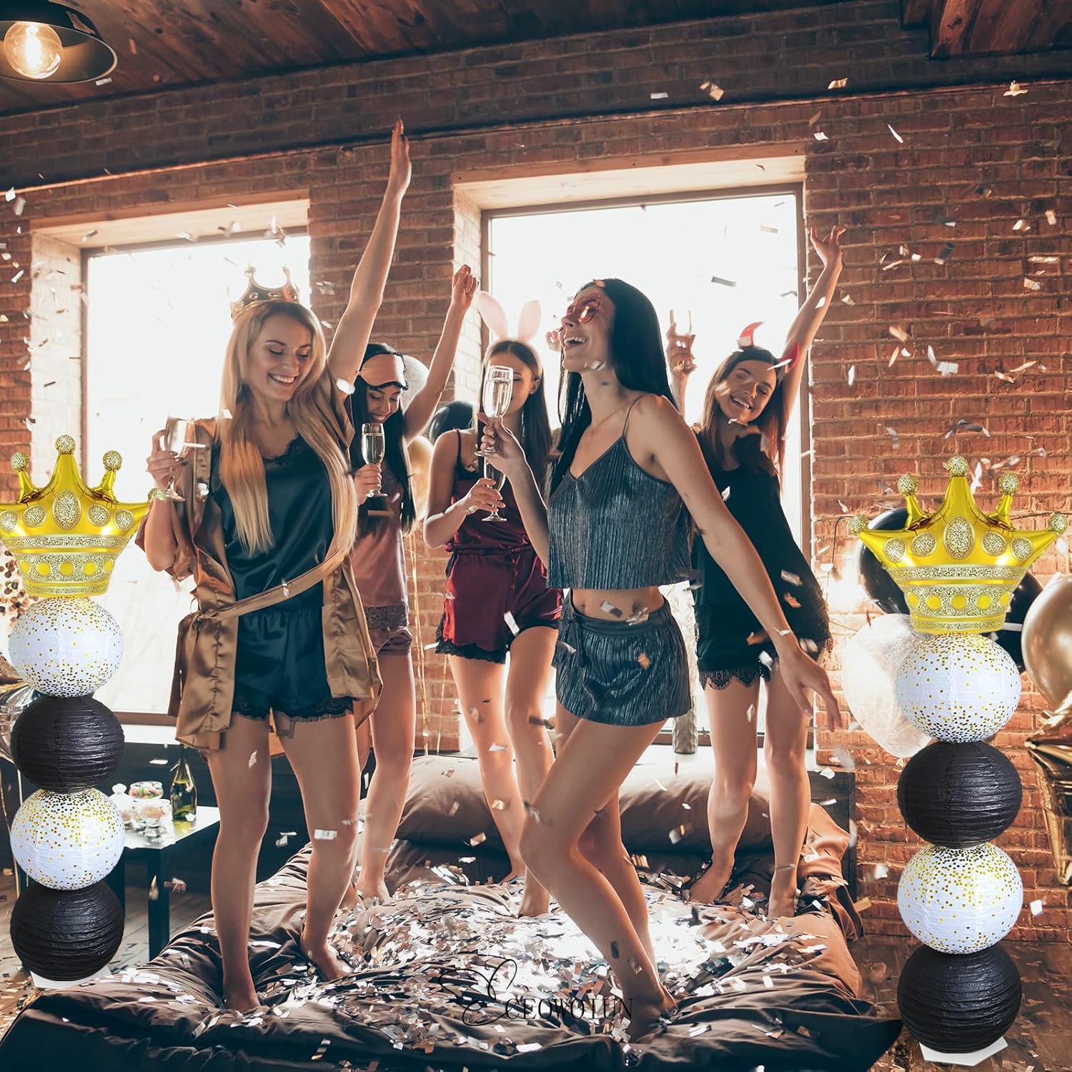 Gold and Black Balloon Column Stand Kit,Crown Balloon And Paper Lantern 2 Sets 5.25 Feet with Reusable Metal Telescopic Design for Gold and Black Birthday Parties,Graduation Party Decorations