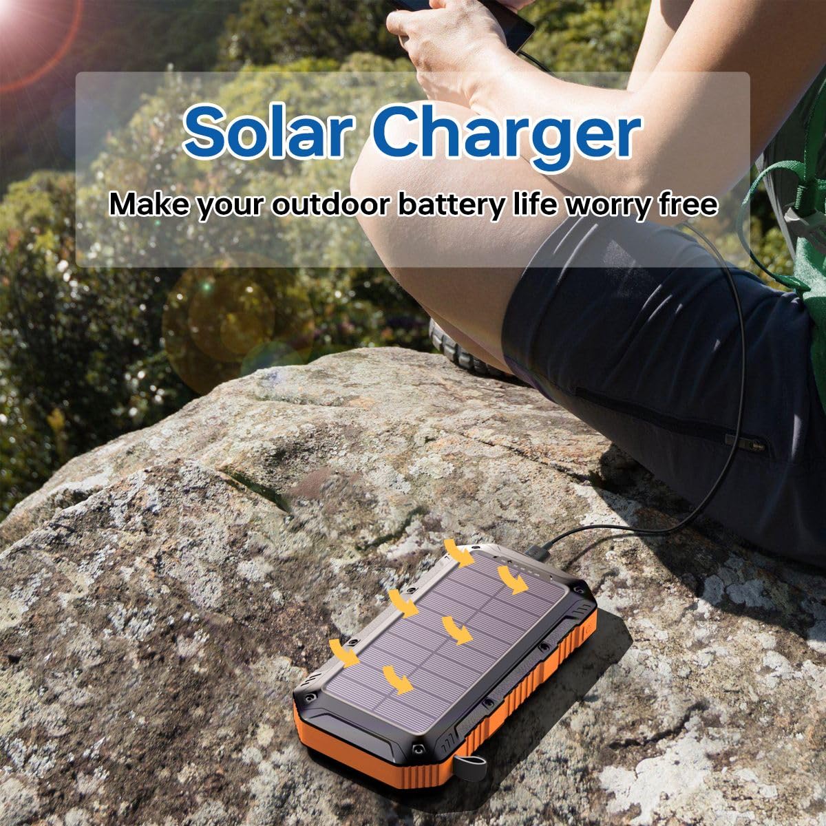Cargador Solar 20000mAh con 4 Cables Integrados y 3 Puertos USB, Bateria portatil Solar Agua IP67, Carga Rápida QC 3.0, Powerbank Solar para Camping, Senderismo y Viajes