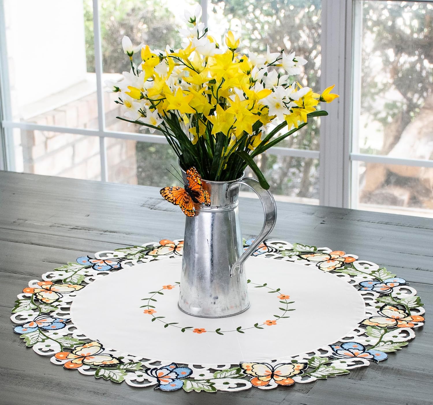 LINENS ART AND THINGS Round Doily Embroidered Colorful Butterfly on Ivory Placemat (23 Inch Round)