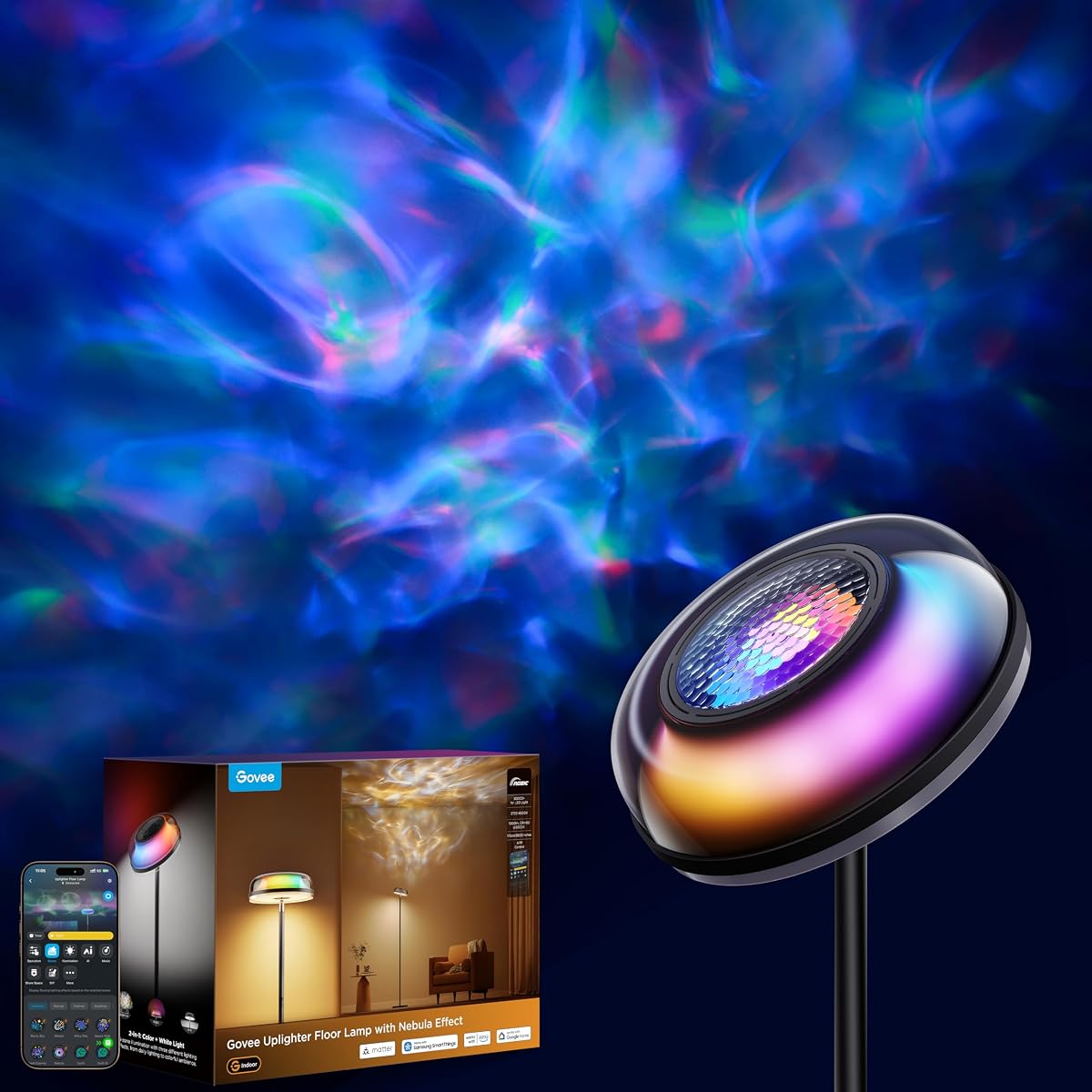 Lámpara de pie Uplighter con efecto nebulosa, proyector para salón | Lámpara de pie de luz blanca cálida y fría de tres zonas, iluminación de nebulosa dinámica DIY, Compatible con SmartThings, Alexa y Matter