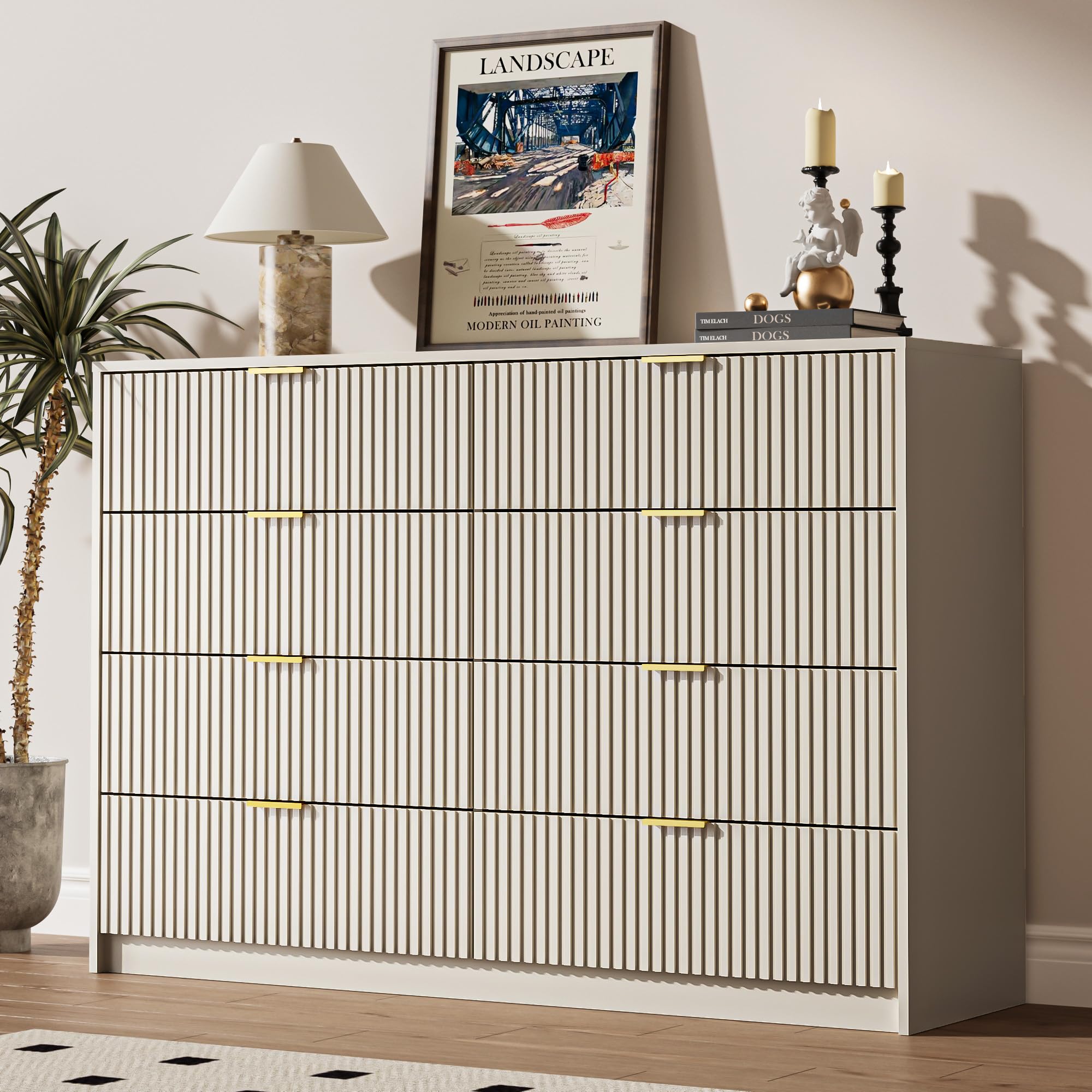 MAISONARIA Beige Dresser for Bedroom, 8 Drawer Double Dresser, Modern Chest of Drawers for Bedroom, Living Room, Entryway and Closet, 55" L x 15.7" D