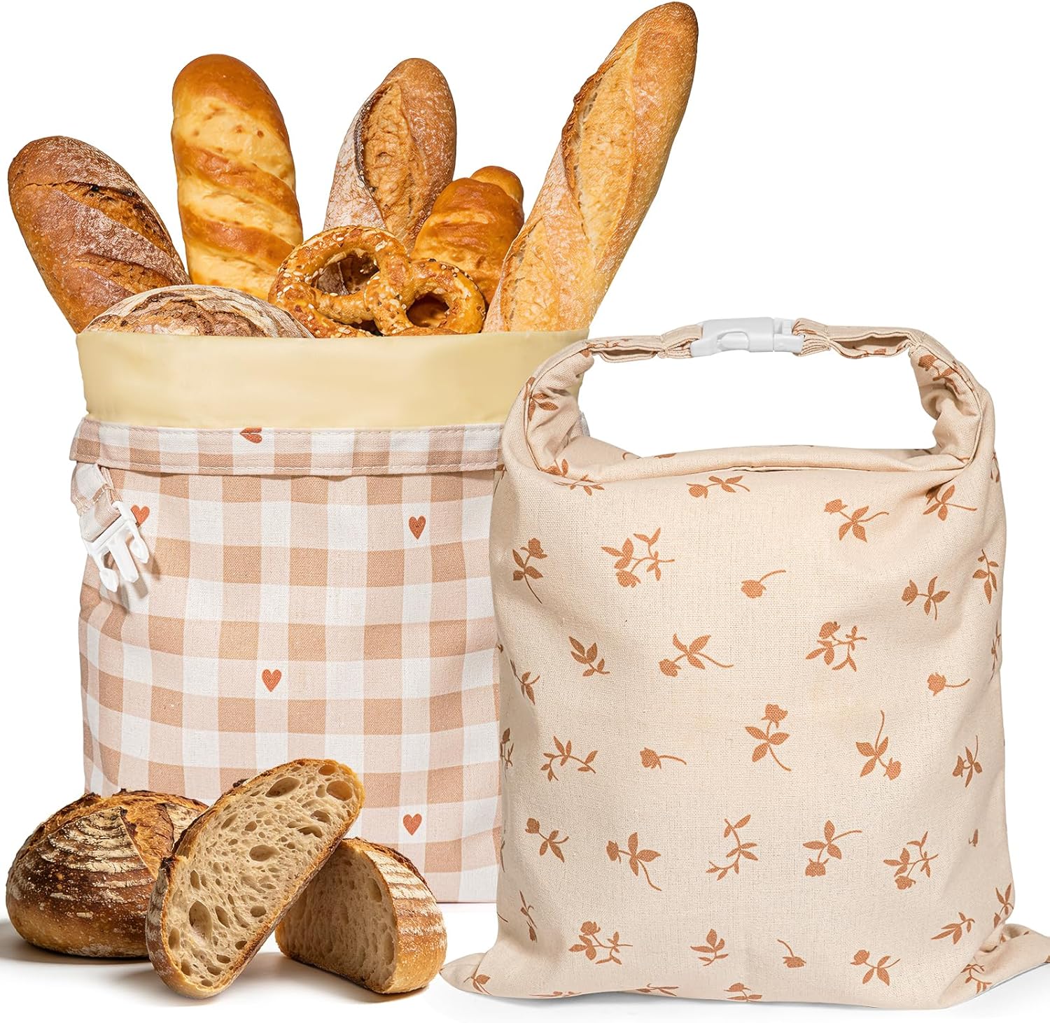 Beeswax Bread Bags for Sourdough, 2 pcs Reusable Beeswax Bread Bags for Homemade Sourdough, XL Cotton and Linen Food Storage Bag for Picnics, Pantry, Long-Lasting Freshness (Rose+Checkered Pattern)