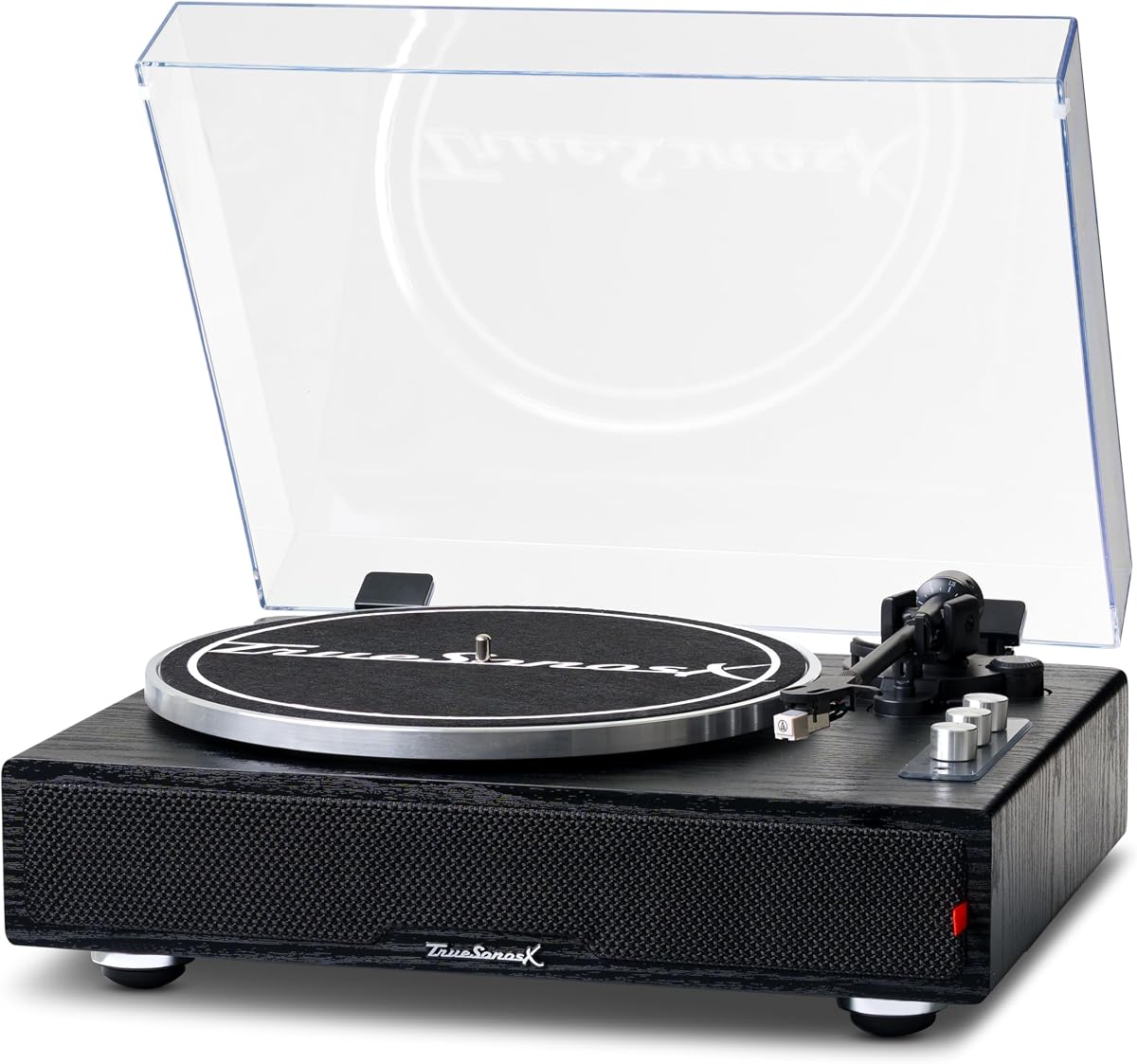 Tocadiscos de vinilo con parlantes, negro/plateado | ENTRADA/SALIDA Bluetooth, estéreo de 4 bocinas, tocadiscos de transmisión por correa, 33/45/78 RPM, salidas RCA y ópticas, contrapeso ajustable
