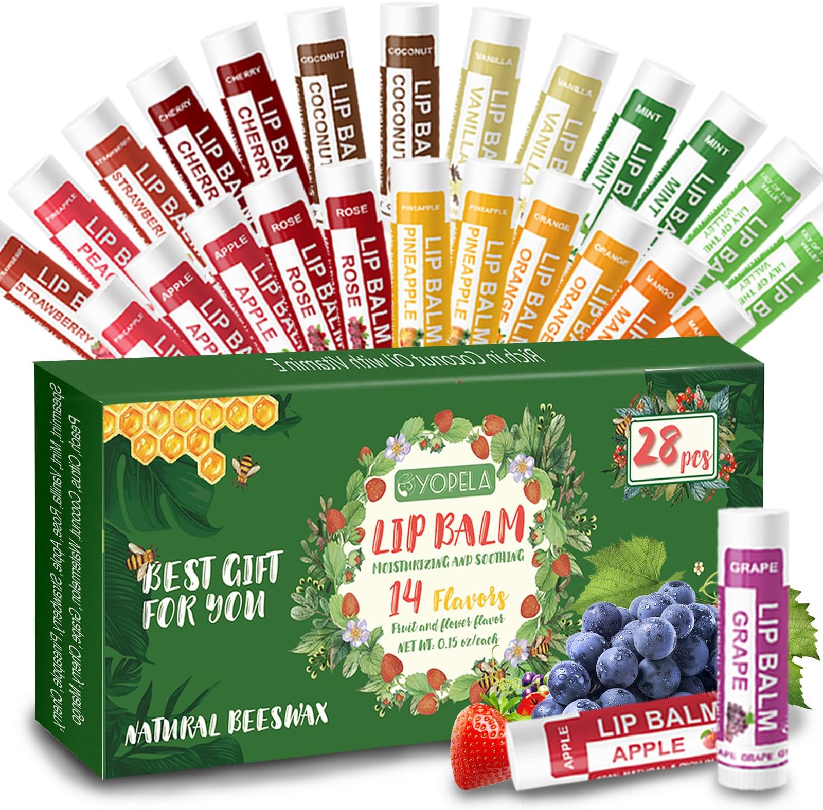 28 Pack Natural Lip Balm Bulk with Vitamin E and Coconut Oil - Moisturizing, Soothing, and Repairing Dry and Chapped Lips Valentine's Gift - 14 Flavors - Non-GMO