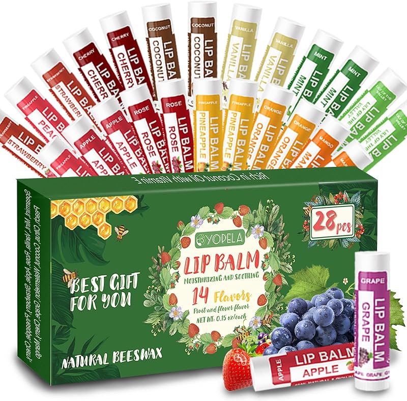 Yopela 28 Pack Natural Lip Balm Bulk with Vitamin E and Coconut Oil - Moisturizing, Soothing, and Repairing Dry and Chapped Lips Valentine's Gift - 14 Flavors - Non-GMO