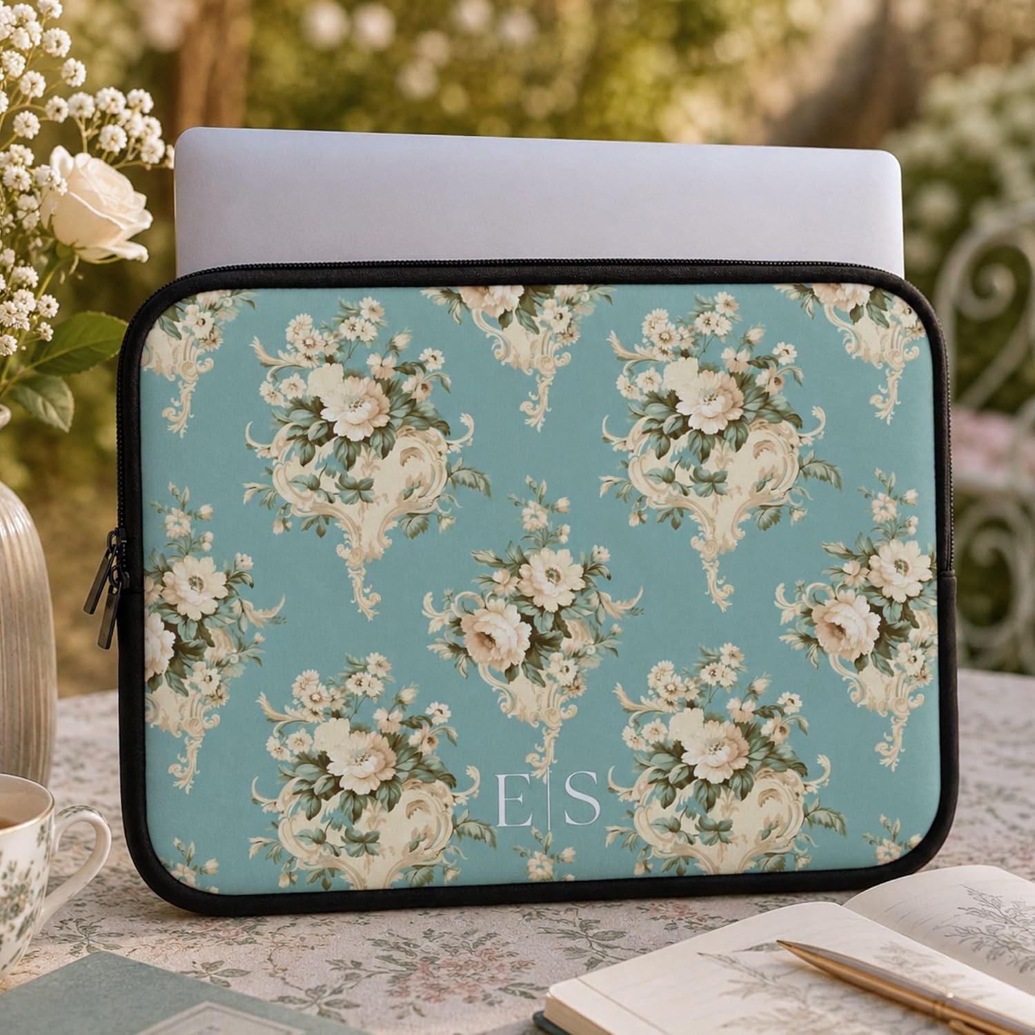 Personalized Shabby Chic Rococo Initials Laptop Sleeve Floral Gift