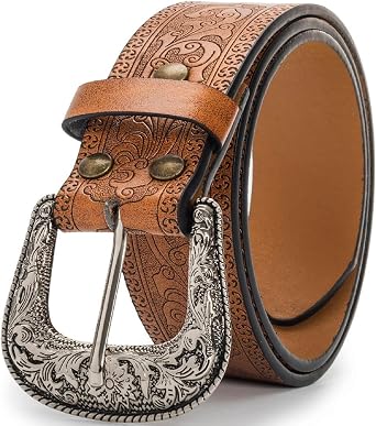 YCMI Womens Men Western Cowboy Belts Floral Engraved Engraved Buckle Adjustable Belt for Jeans Dress Skirt