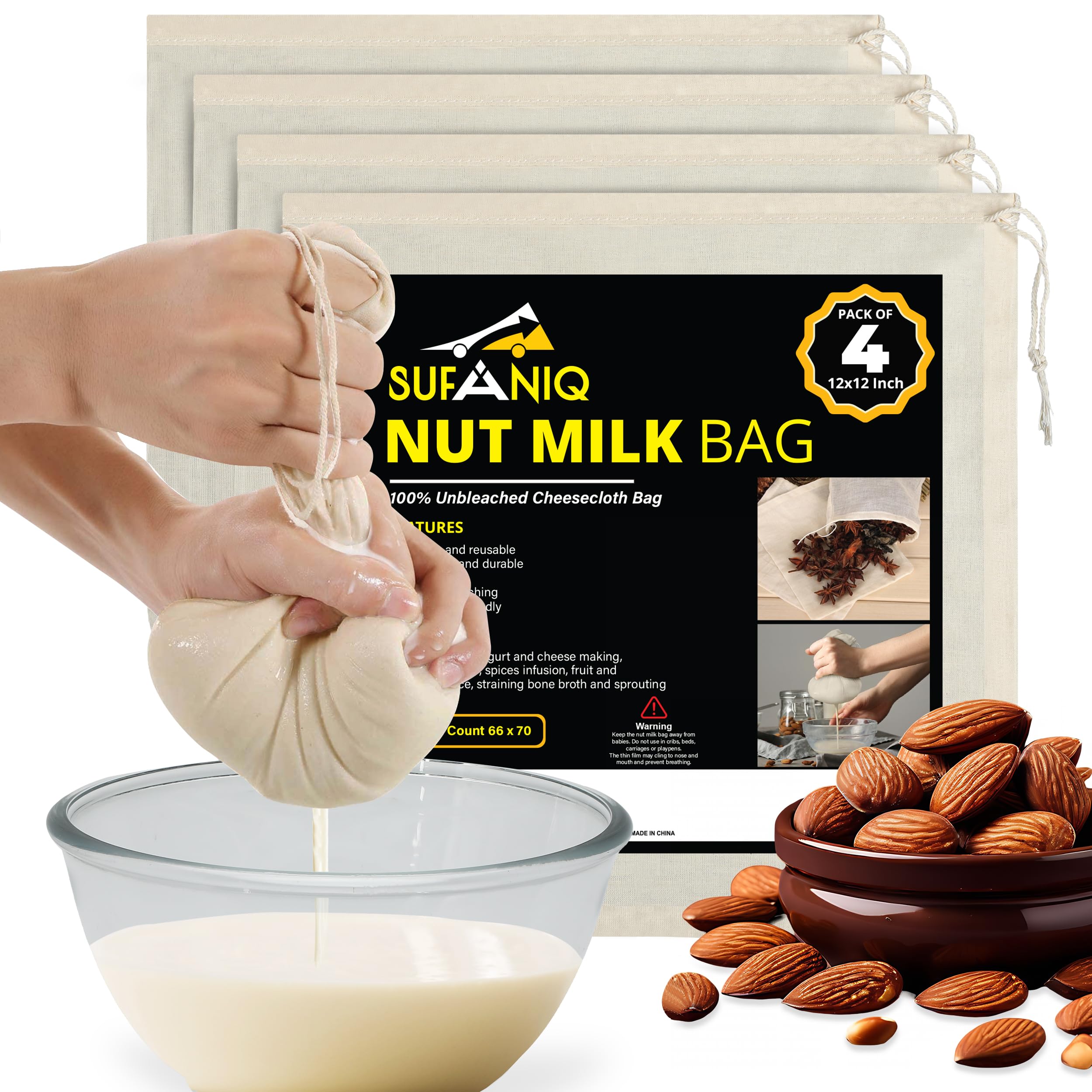 Sac de lait de noix en coton lot de 4 passoires lavables 30x30 cm pour boissons végétales maison