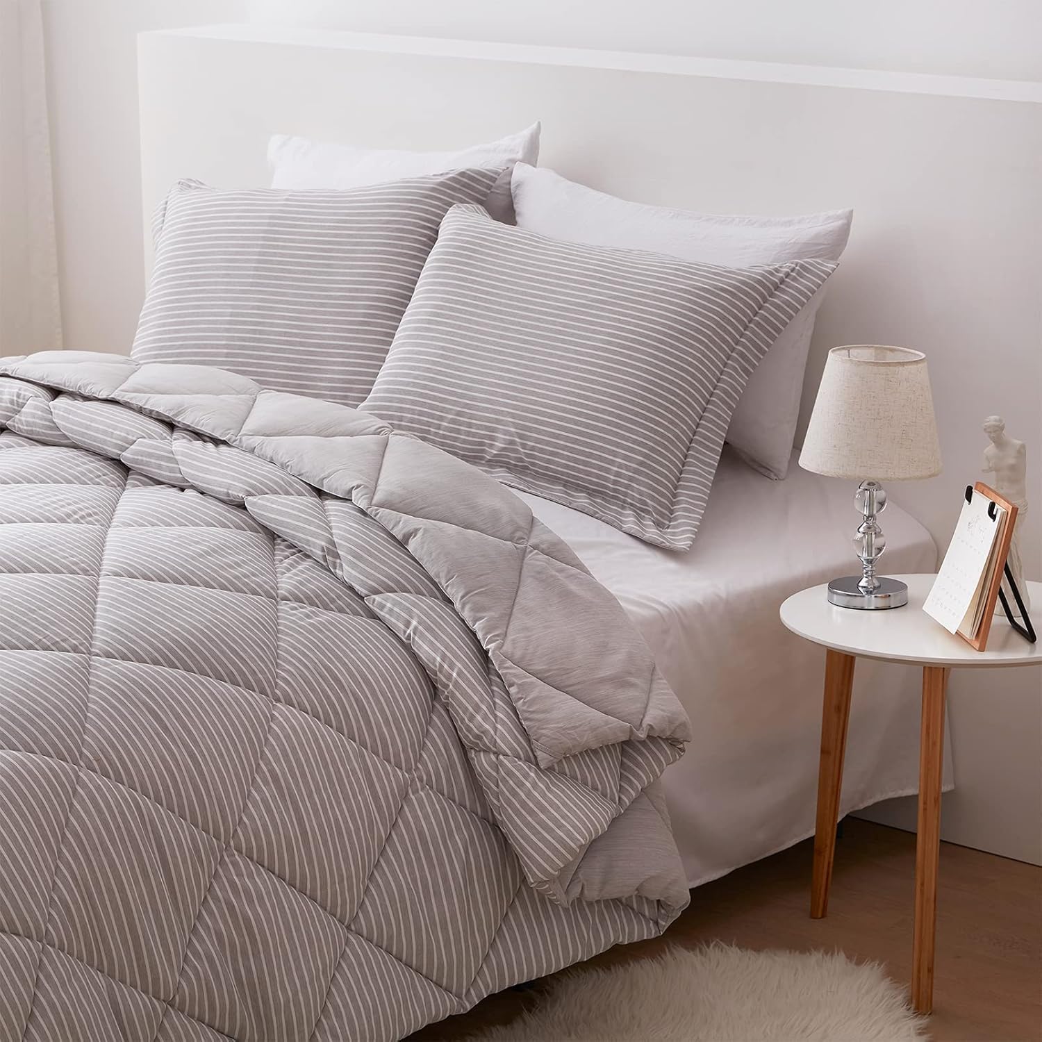 NexHome Queen Comforter Set,Grey Reversible Comforter Set Queen, Grey Comforter Queen Set, Cationic Dyeing Striped Queen Comforter with 2 Pillow Shams for All Season (Queen, 88x88 inches,Grey)