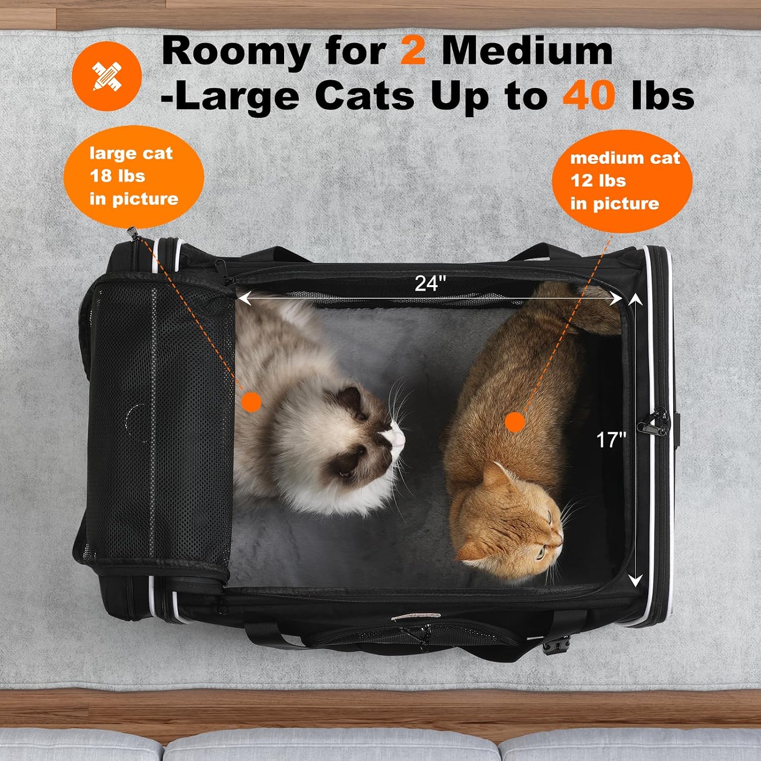 Condition photo showing New/Like New for pidipiti 24 x 17 x17 extra-large soft-sided pet carrier for 2 cats / 1 large cat, car travel kennel for medium dog,long distance road trip transport cage with litter box. with litter box extra-large(not expandable)