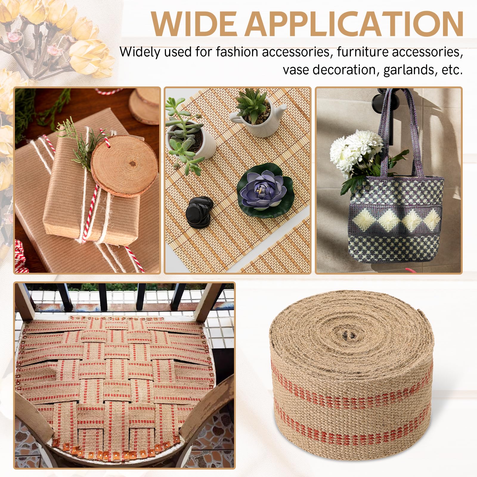 50幅×1ｍ 含浸黄麻布/ジュートテープ ５０幅 １ｍ | 株式会社東和電機製作所 3.5インチ クラフトジュートウェビングテープ | 10ヤードロール 天然黄麻布 ブラックステッチ 室内装飾品、工芸品、椅子用