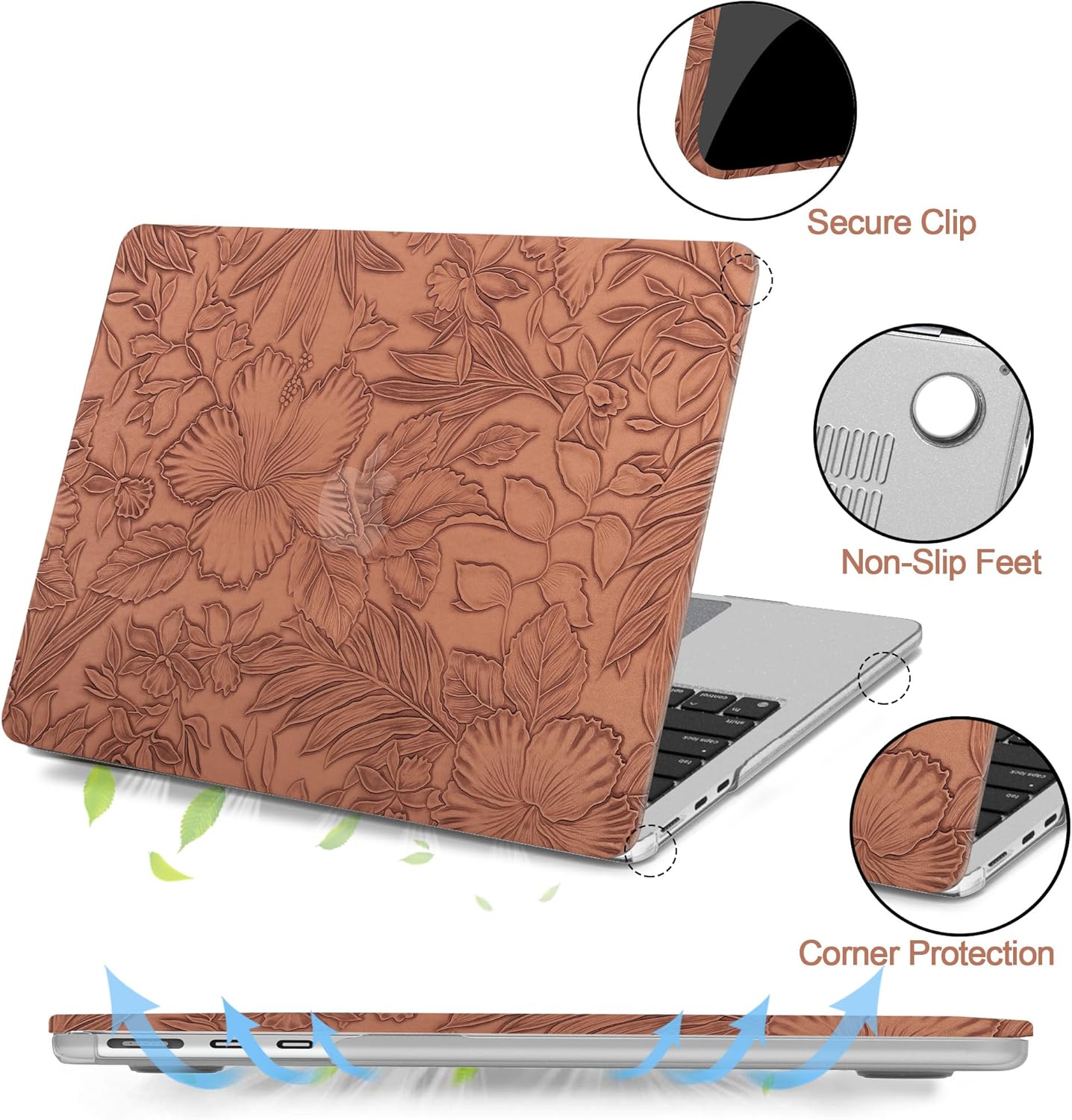 iPAPA Compatible with MacBook Air 13 inch Case 2026 2025 2024-2022 M5 M4 M3 M2 A3449 A3240 A3113 A2681, Elegant Texture Leather Hard Shell+Keyboard Cover for MacBook Air 13.6 inch Case, Brown Floral