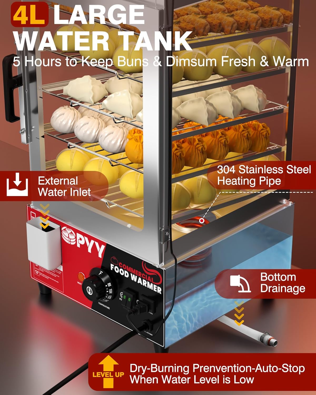 PYY Commercial Bun Steamer with large 4L water tank and external water inlet.