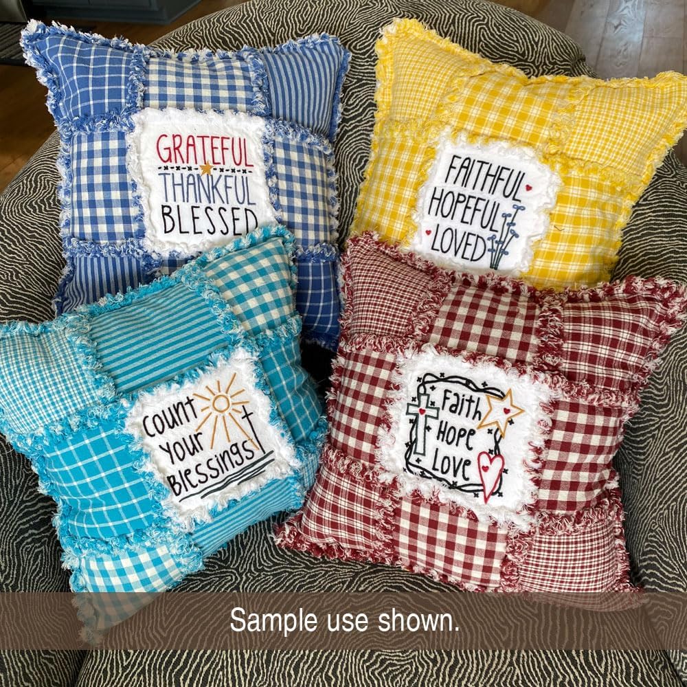 Set of 4 Embroidered Faith Designs on White Homespun Fabric for Rag Quilts and Projects (White Background)