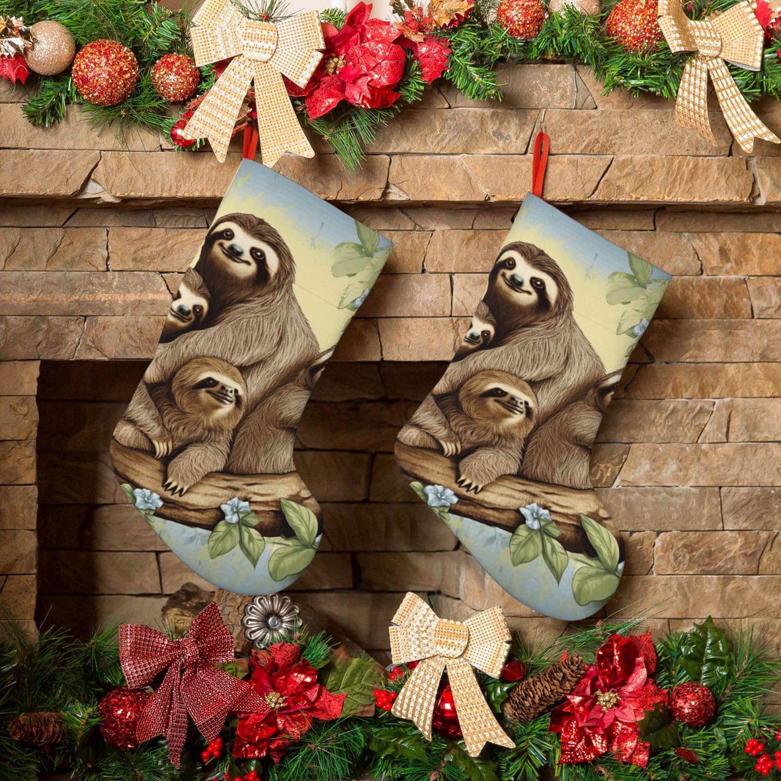 KLOPH Christmas Stockings 18" Personalized Xmas Stocking Sloth Family Decoration Stocking Hanging Fireplace Stocking for Holiday Xmas Tree Christmas Fireplace Decor
