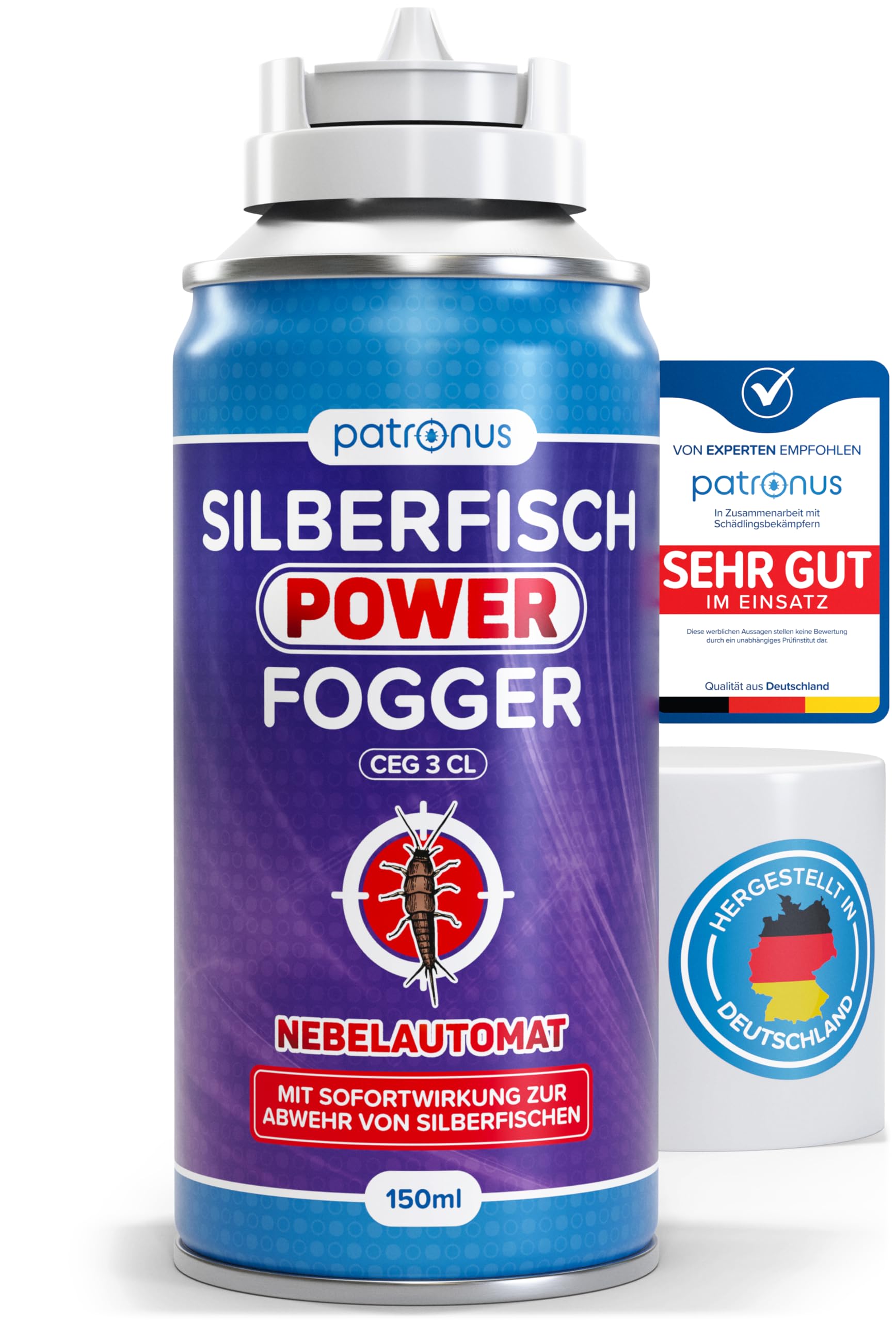 Patronus Silberfische Power Fogger - 150ml - effektiver Vernebler mit maximaler Sofortwirkung zur Abwehr von Papier- und Silberfischen, ideal für kleine Silberfisch-Verstecke, aus deutscher Produktion