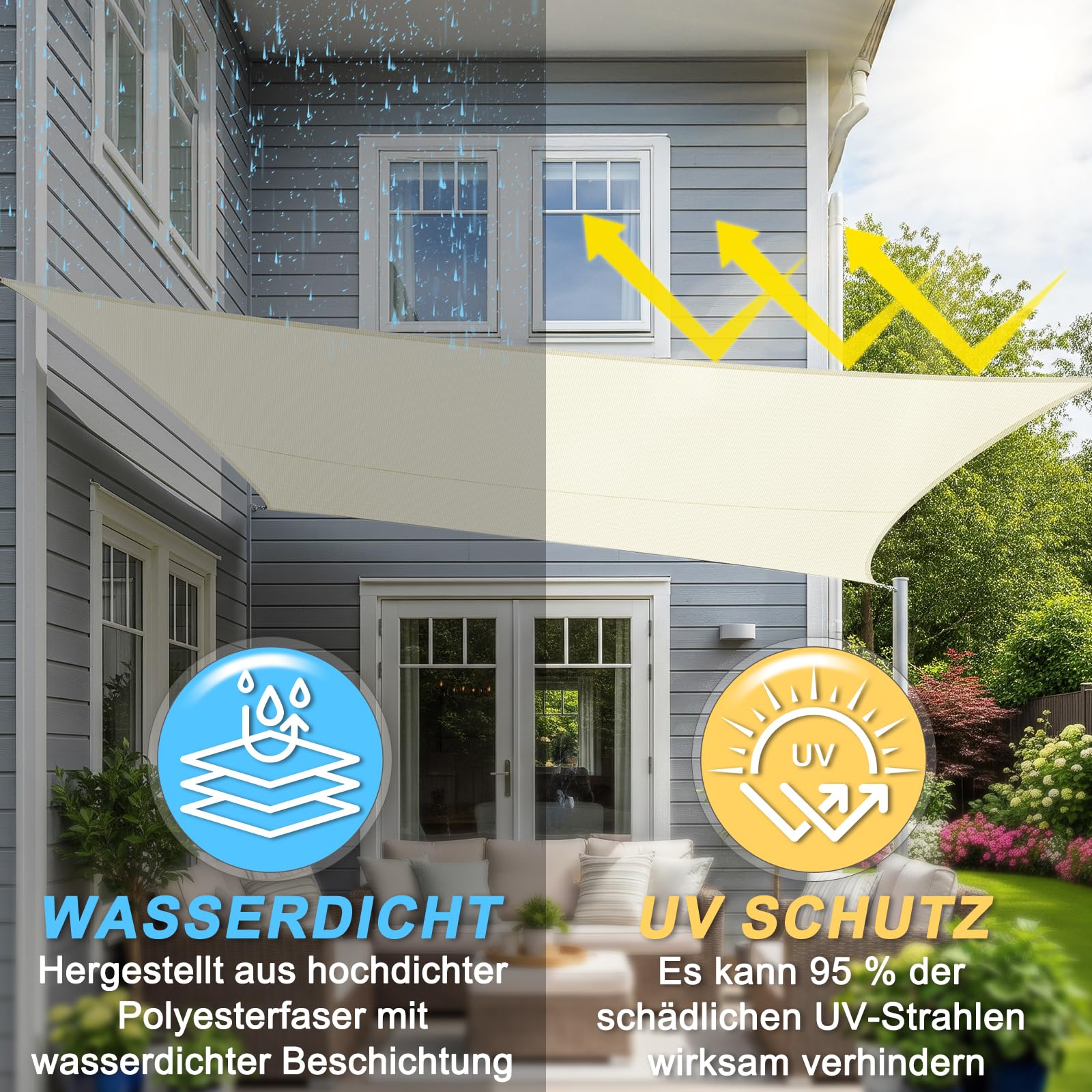 Sunnylaxx 3x3x4.25m Sonnensegel Dreieckig,420D Oxfordgewebe Wasserdicht Sonnenschutz Sunsegel UV-Schutz,für Außenbereich,Garten,Terrasse Balkon -Cream